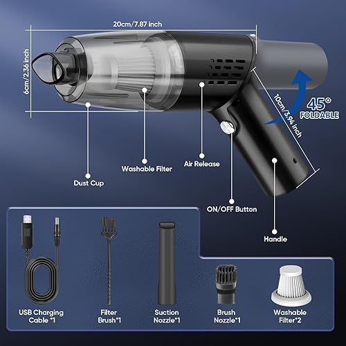 Miniatura 2 de Aspiradora portátil para automóvil, 10000 Pa de succión de alta potencia recargable inalámbrica con bajo ruido, potente mini aspiradora de mano