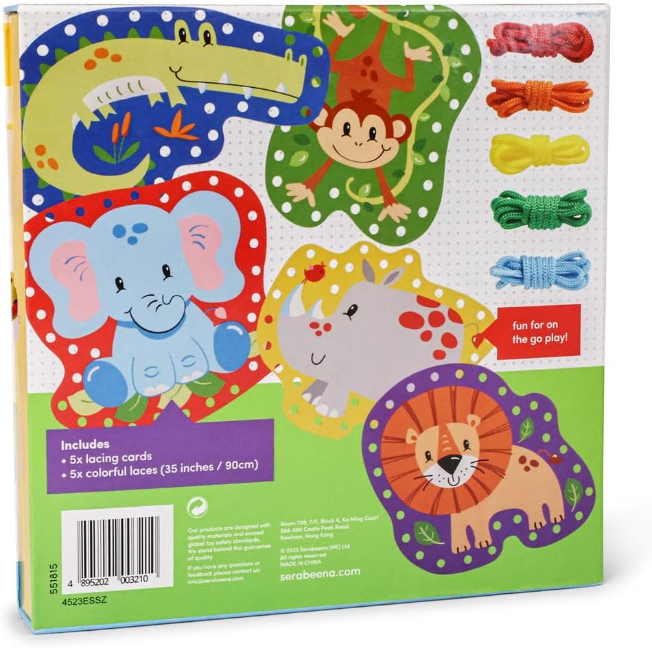 Serabeena Lacing Cards for Kids Ages 3-5 - Safari Animal Sewing Cards | Screen-Free Toddler Lace-Up Toy & Activity with 5 Laces & Storage Box for Hand-Eye Coordination and Fine Motor Skills