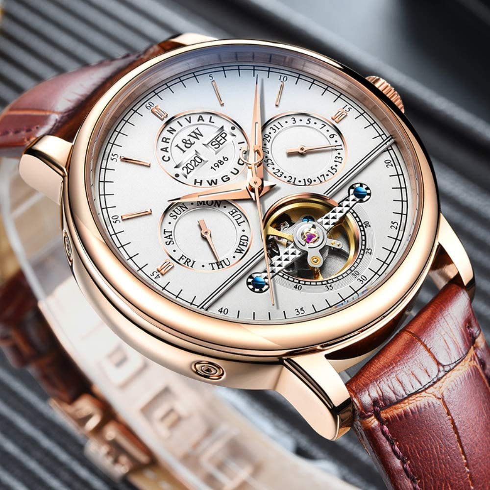 MASTOP Herren-Armbanduhr, automatisch, mechanisch, Tourbillon, Leder, leuchtend, Business-Herrenarmbanduhr