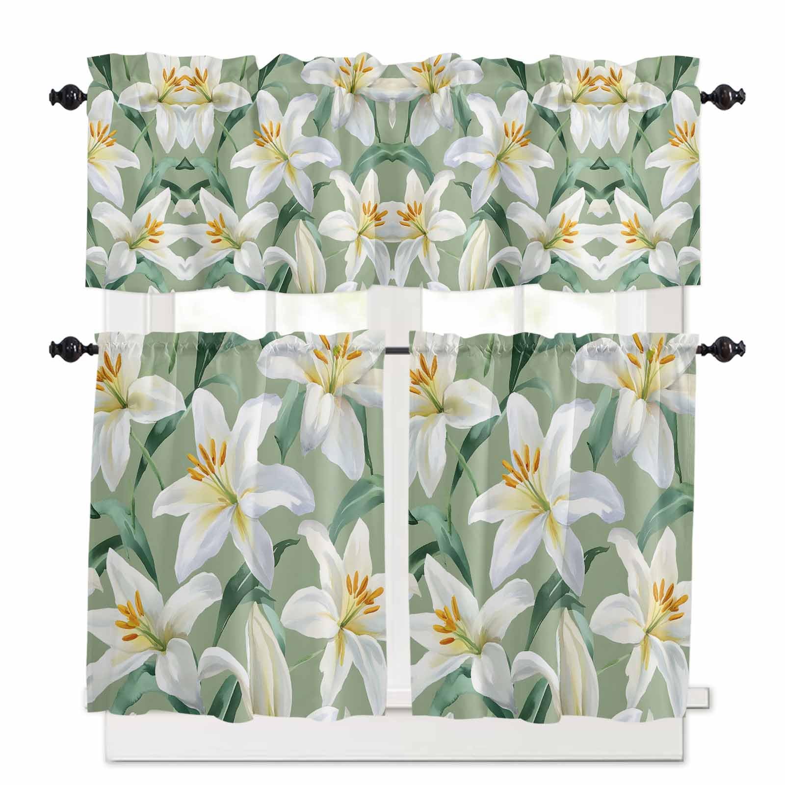 Garden Flora Illustrations Kitchen Curtains 36 Inch Length, 3 Piece Rod Pocket Small Half Tiers and Valance Set, Spring Summer Botanical Small Large Window Treatment Decor for Bedroom/Bathroom Sink