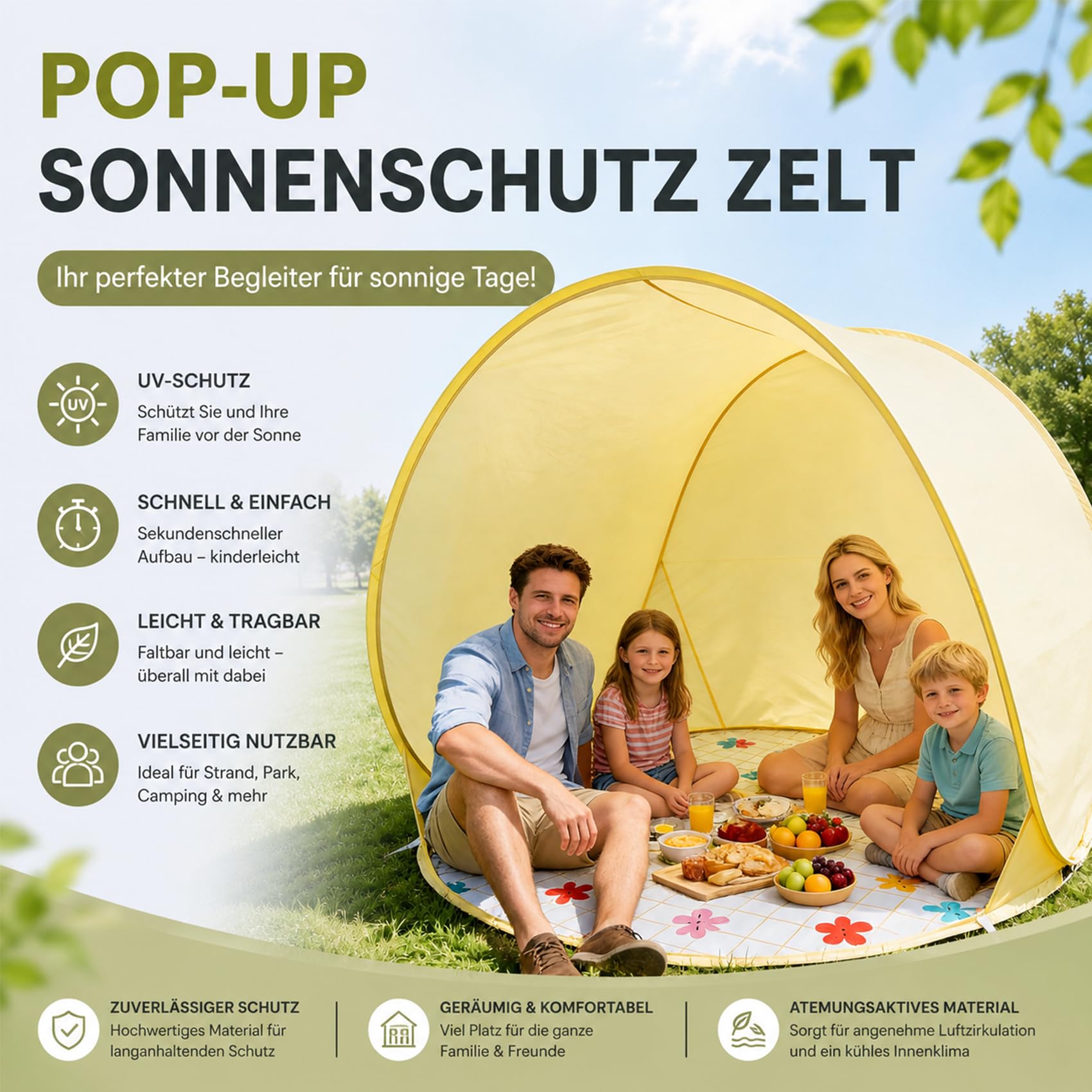 Strandmuschel Baby Uv Schutz 50, Großes Strandzelt, Familienzelt für 2-3 Personen, Leicht & Tragbar, Wasserdicht, Sonnenbeständig – für Wanderungen, Strand und Camping (A)