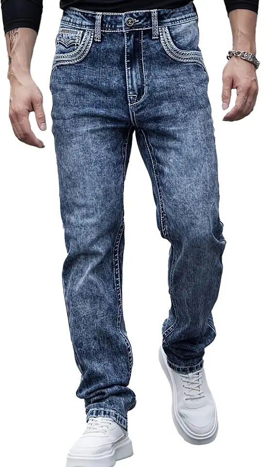 ESDVQ Men's Stretch Denim Jeans Classic Jeans with Embroidered Design, ESDVD Street Style Regular Jeans Relaxed Fit Pants Comfy