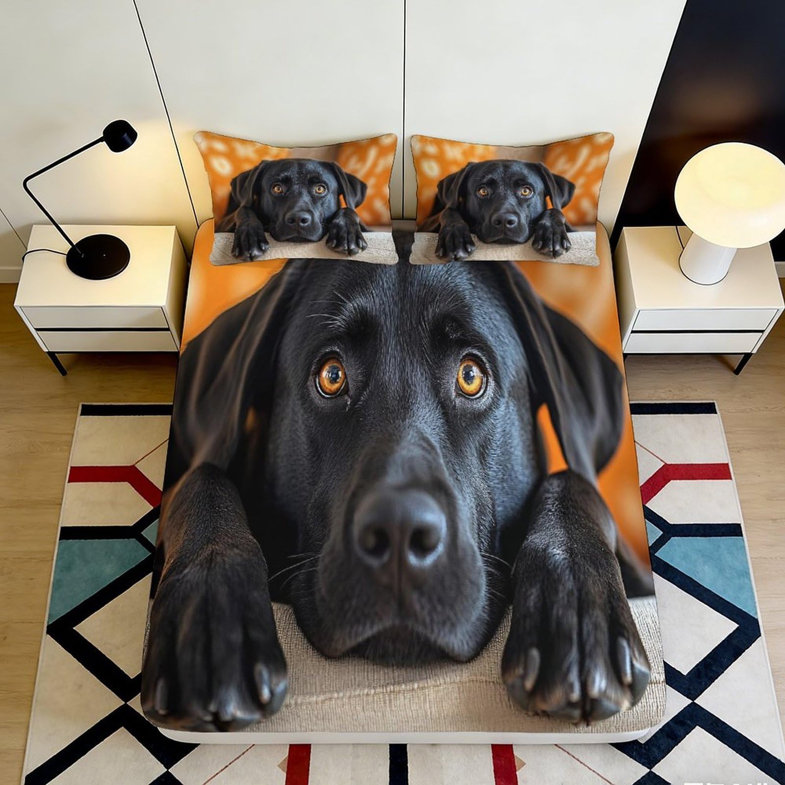 3D Printed Black Labrador Dog Fitted Sheet Microfiber Orange Bed Cover for Bedroom Guest Room Decor Mattress Protection 90x200x25cm