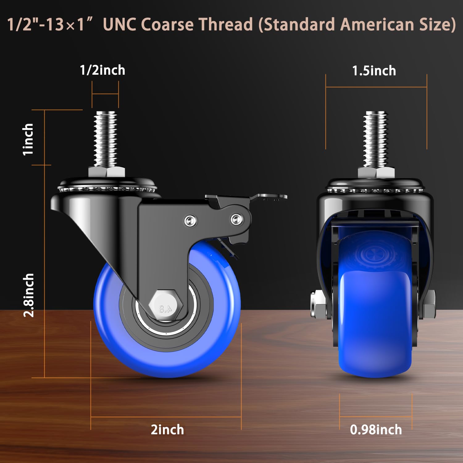 Ruote piroettanti per carichi pesanti con perno da 2 pollici, portata 800 libbre, ruote piroettanti con perno filettato 1/2"-13 x 1 (diametro del perno 1/2", lunghezza del perno 1"), set di 4 ruote