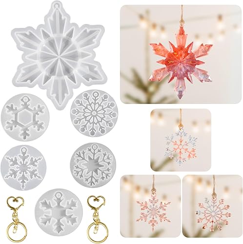 Moldes de resina para llavero de silicona con agujero, 6 moldes de silicona de Navidad con 2 llaveros, adorno colgante de árbol de Navidad con copos