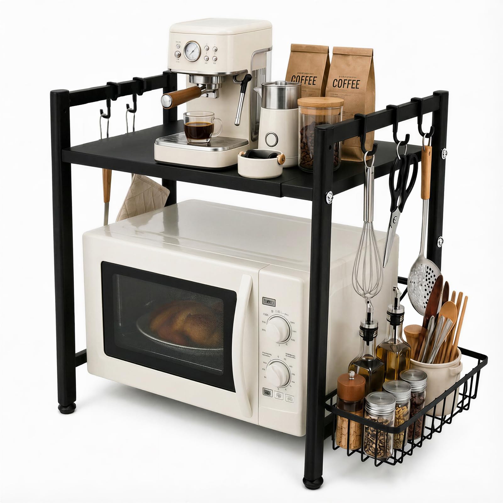 Supporto per microonde regolabile con ripiano supplementare, versione ispessita, regolabile in altezza per forno e utensili da cucina, con gancio per spezie e utensili, antiruggine, nero