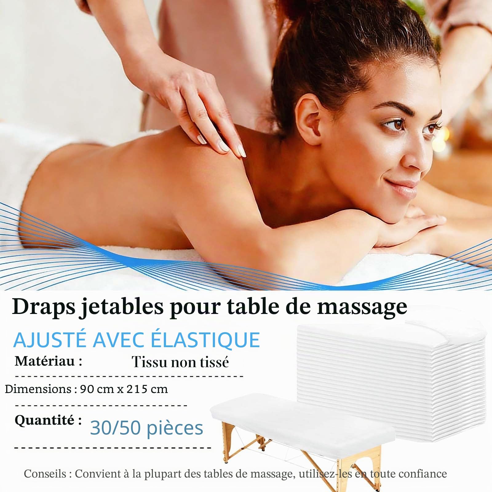 Lot de 50 draps de table de massage jetables, housses élastiques en tissu non tissé respirant pour tatouage, hôtel, salon de beauté, esthéticienne,90x 215 cm (Blanc-50pcs)
