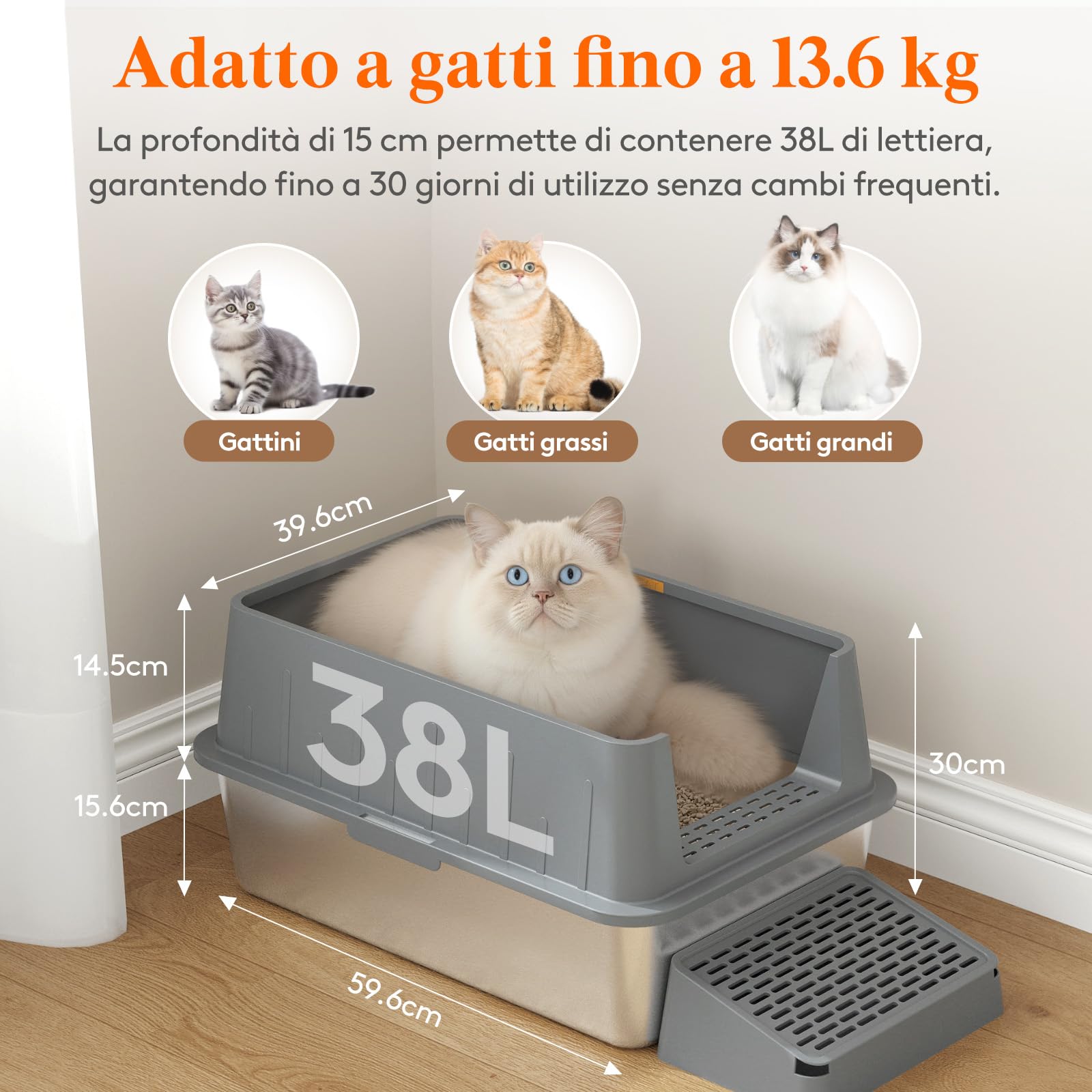 Lifewit Lettiera per Gatti in Acciaio Inox, Aperta, 60,5 x 40,7 x 17,5 cm, con Pala e Pedale, XXL, Senza Coperchio, per Gatti, per Soggiorno, Camera da Letto, Grigio