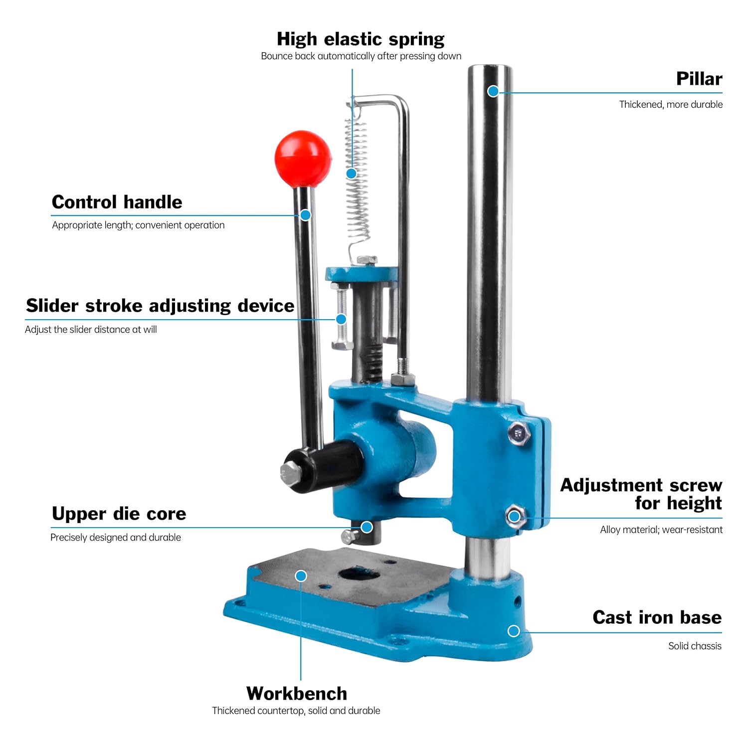 RATTMMOTOR Lightweight Precision JR Series Manual Press Puncher Machine, Benchtop Hand Hole Manual Shaft Press Round Head for Metal and Non-Metal Punching, Bending, Stretching, Forming (JR16)