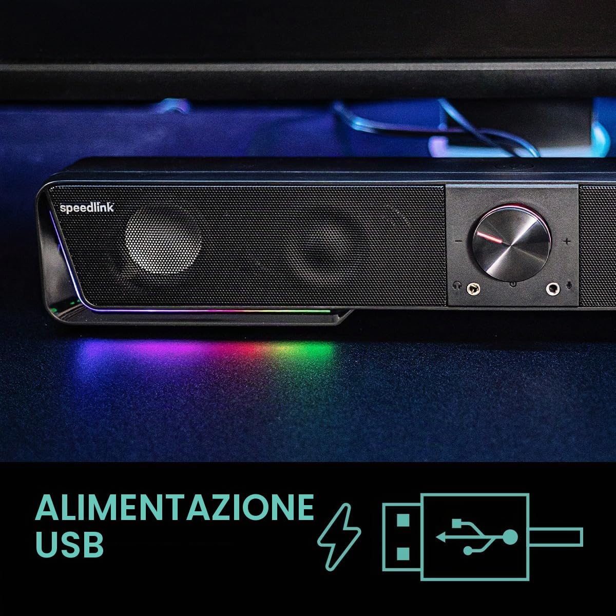 Speedlink Gravity RGB Stereo Soundbar - Altoparlante con connessione Bluetooth per smartphone/tablet - Illuminazione RGB - jack per cuffie e microfono, nero