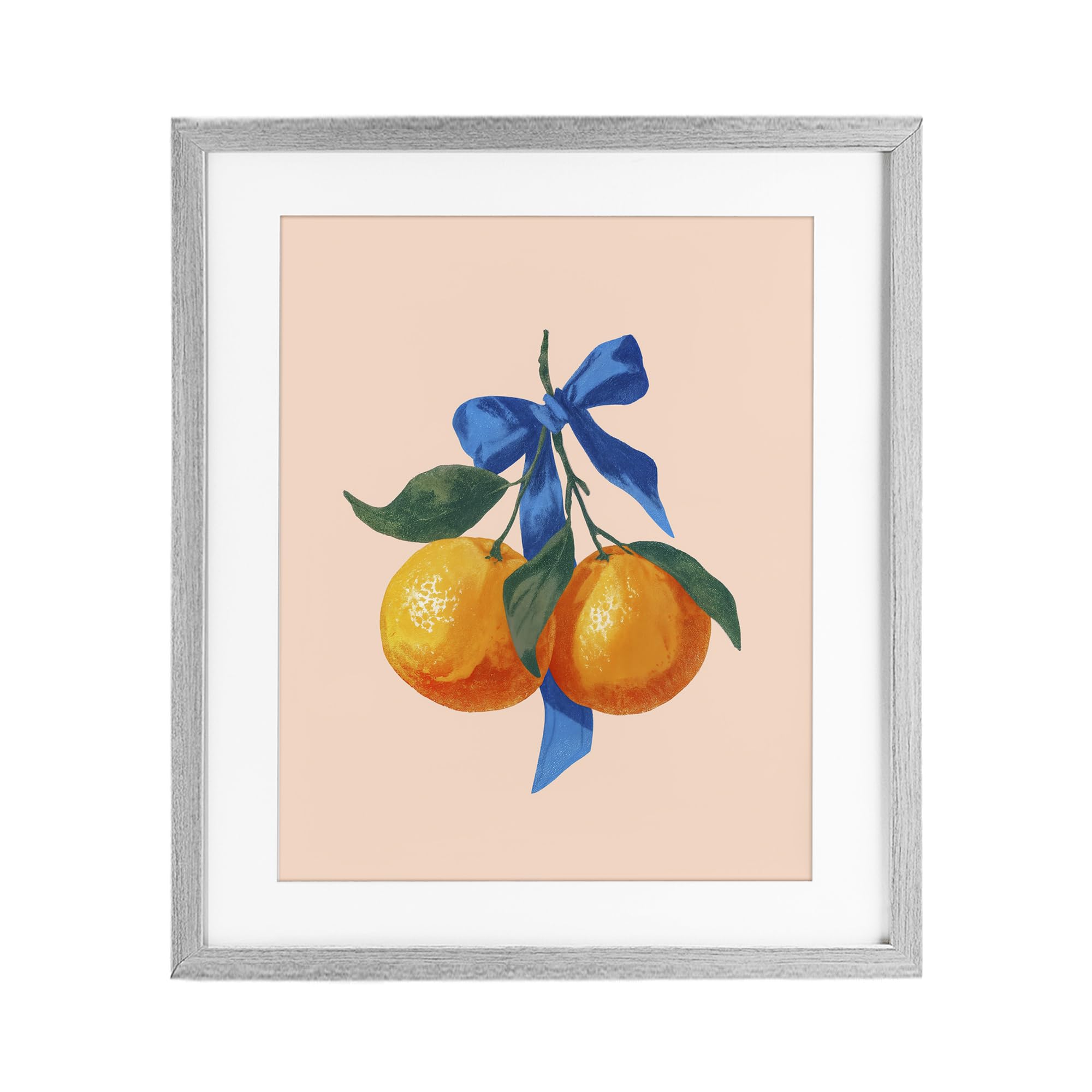 Stupell Industries 'Two Oranges with Blue Bow', Framed Print Under Glass, Gray, 17 x 21 Inches, Easy to Hang and Sturdy, Made in USA, by Imagine It Images