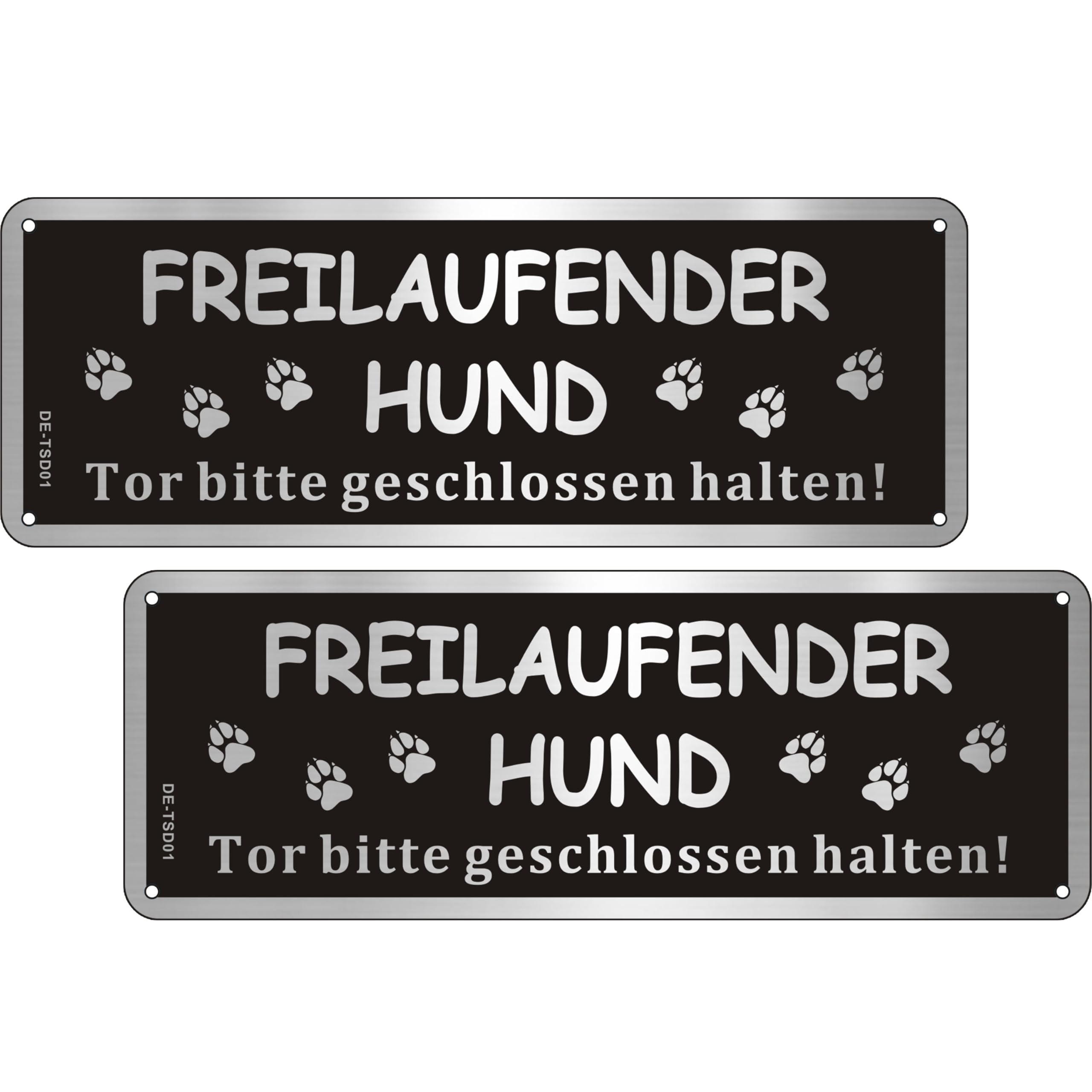 2 Stück Freilaufender Hund Schild Aluminium Gebürstet 25x9cm, Schwarz