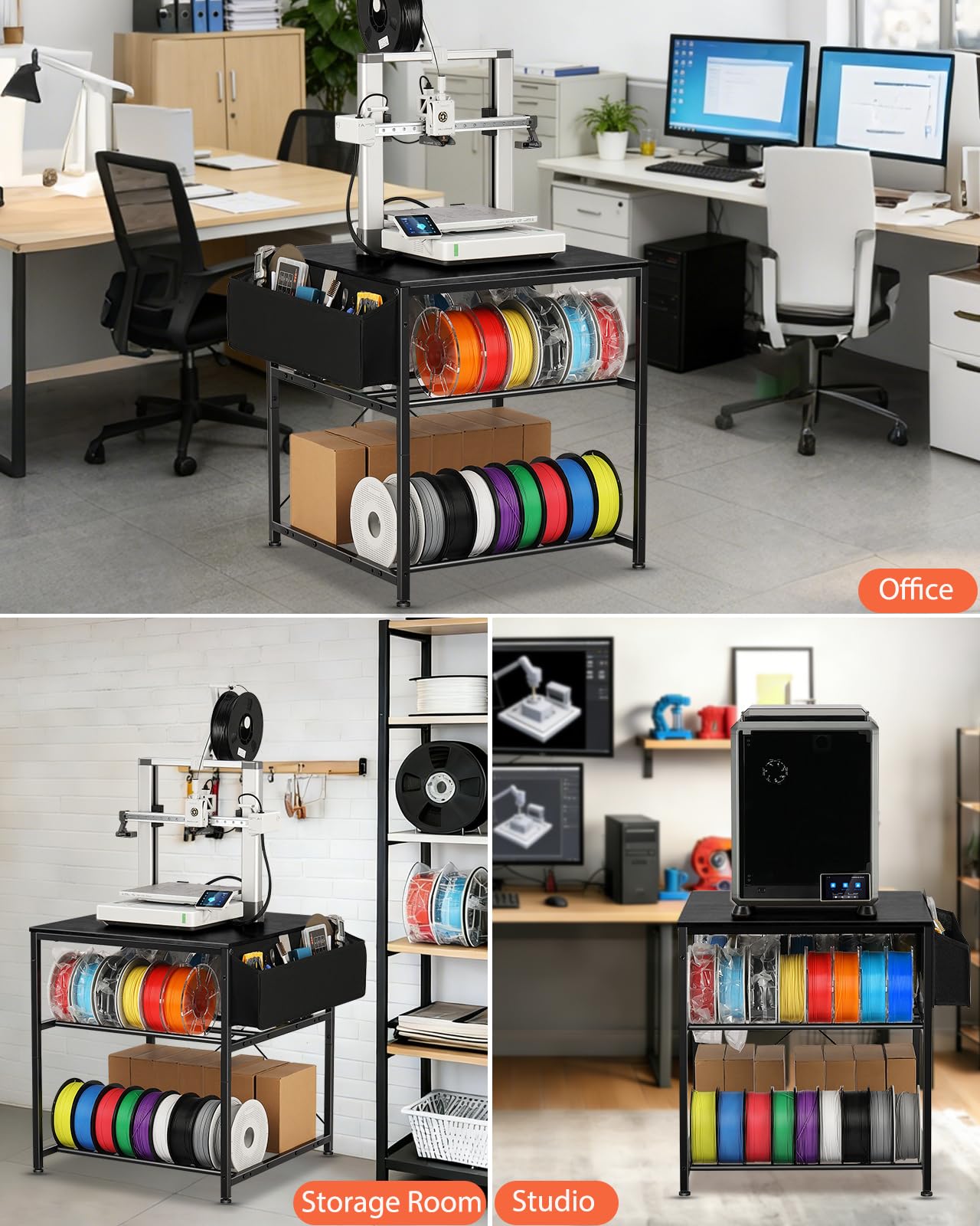 AHOWPD Soporte para impresora 3D con almacenamiento de filamentos, mesa de impresora 3D, estante de almacenamiento de filamentos, escritorio de carrito 3D resistente con ruedas para taller, estudio