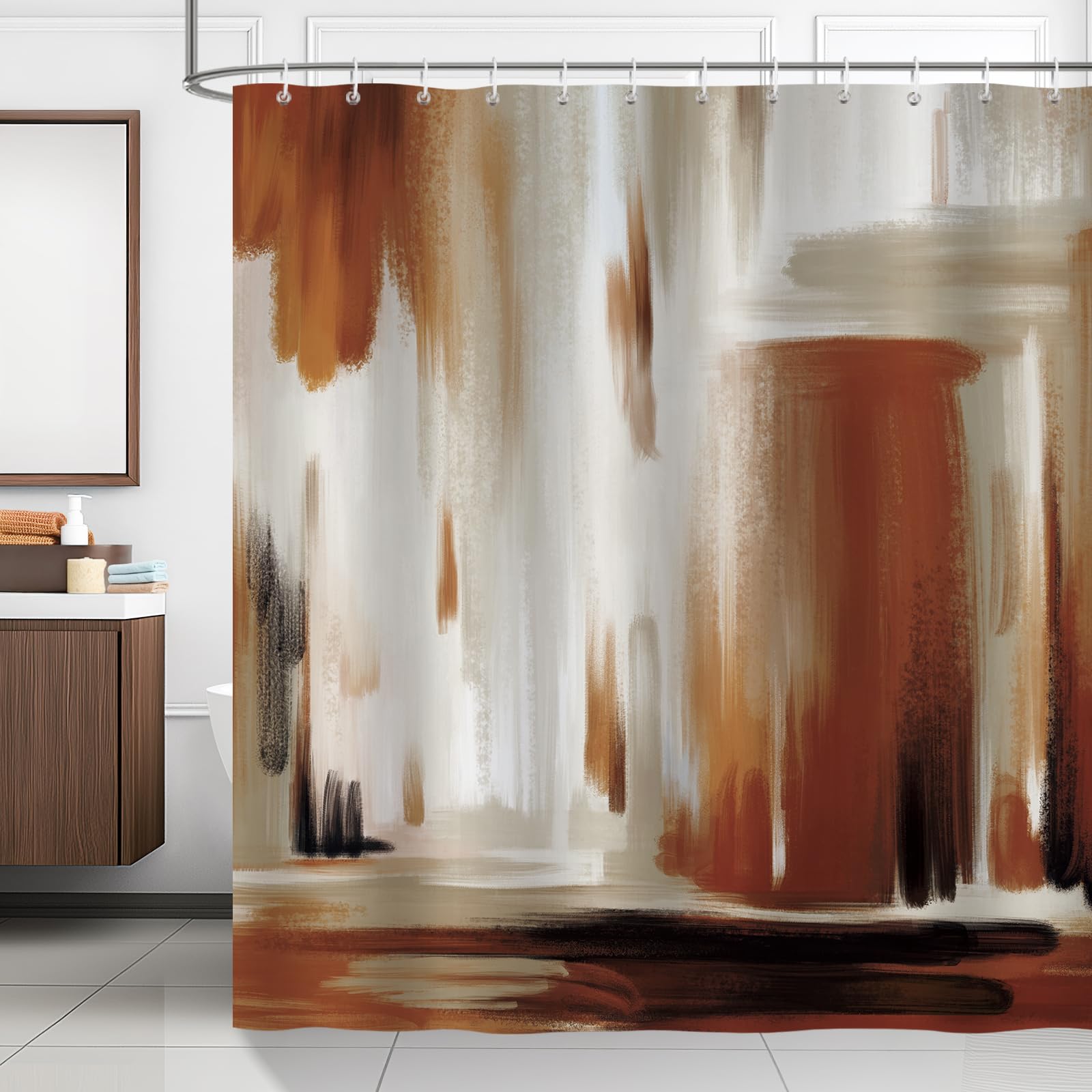 Bonhause Abstract Modern Shower Curtain, Brown Brush Strokes Art Bathroom Curtain 180 x 180 cm Waterproof Mildew and Mould Resistant Polyester Fabric Bath Curtain with 12 Hooks