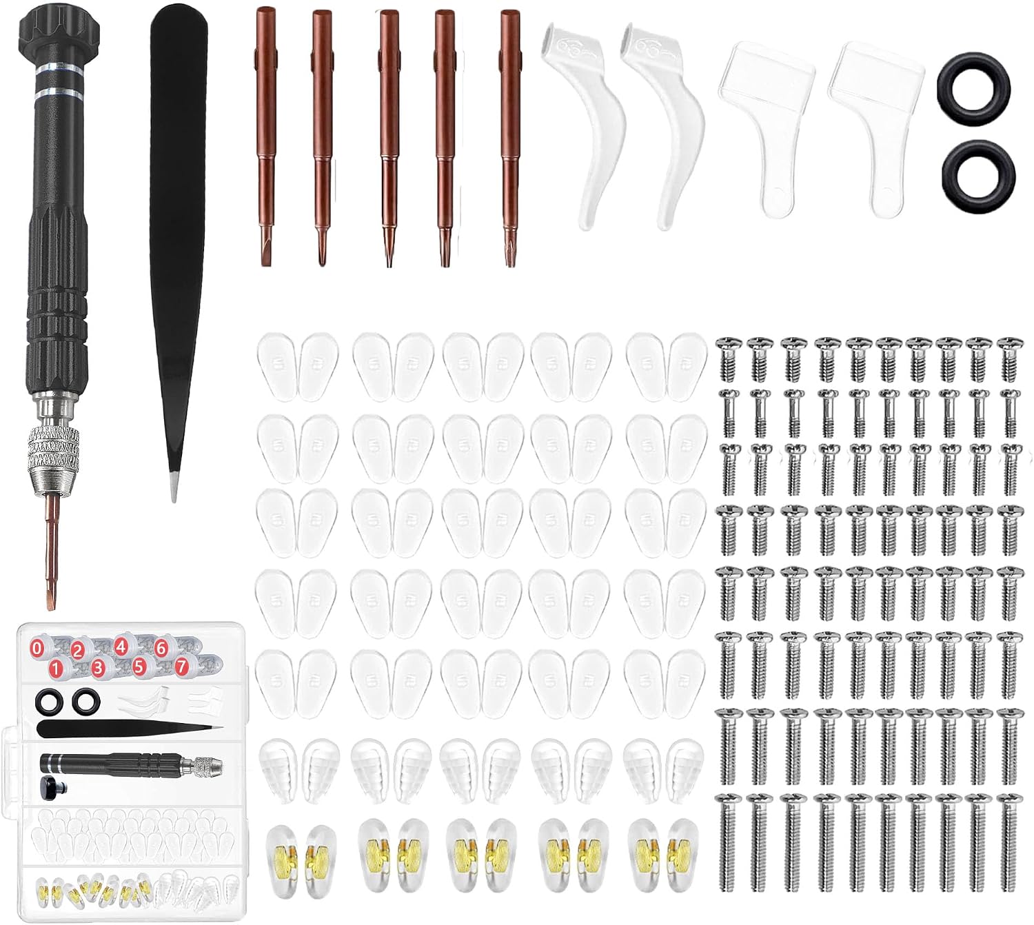 Eyeglass Repair Kit with Screws, Magnetic Screwdriver and Nose Pad | Traveling and gift giving, Small equipment repair, Five-in-one Screwdriver, Rust-proof Screws, Ear Hooks for Fixing Glasses