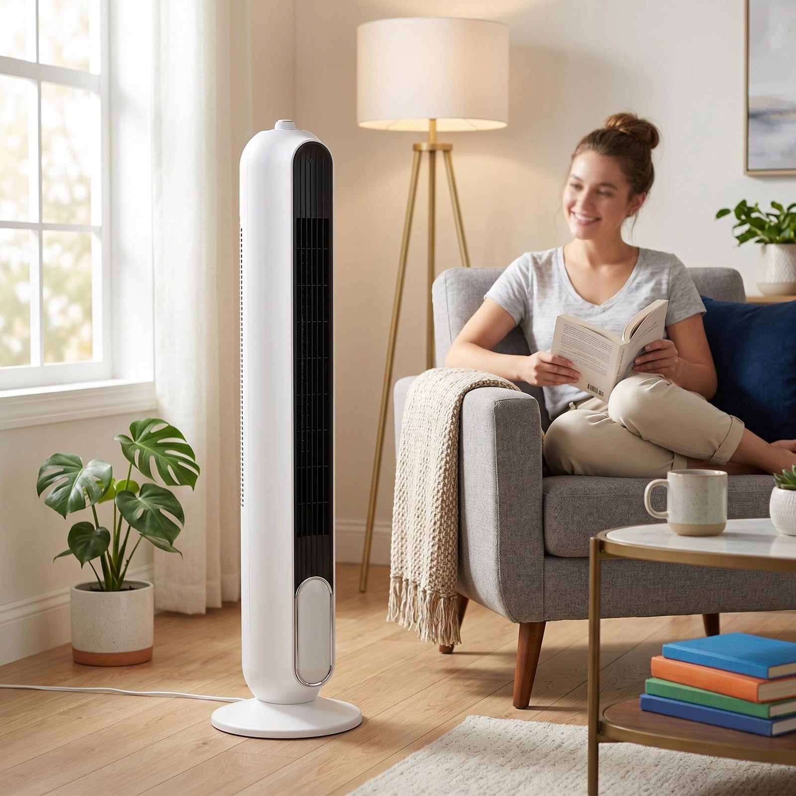 TOPINCN Cichy Wentylator Wieżowy, Bezłopatkowy Wentylator o Szerokim Kącie 90° z 8-godzinnym timerem. (wtyczka UE 220V)