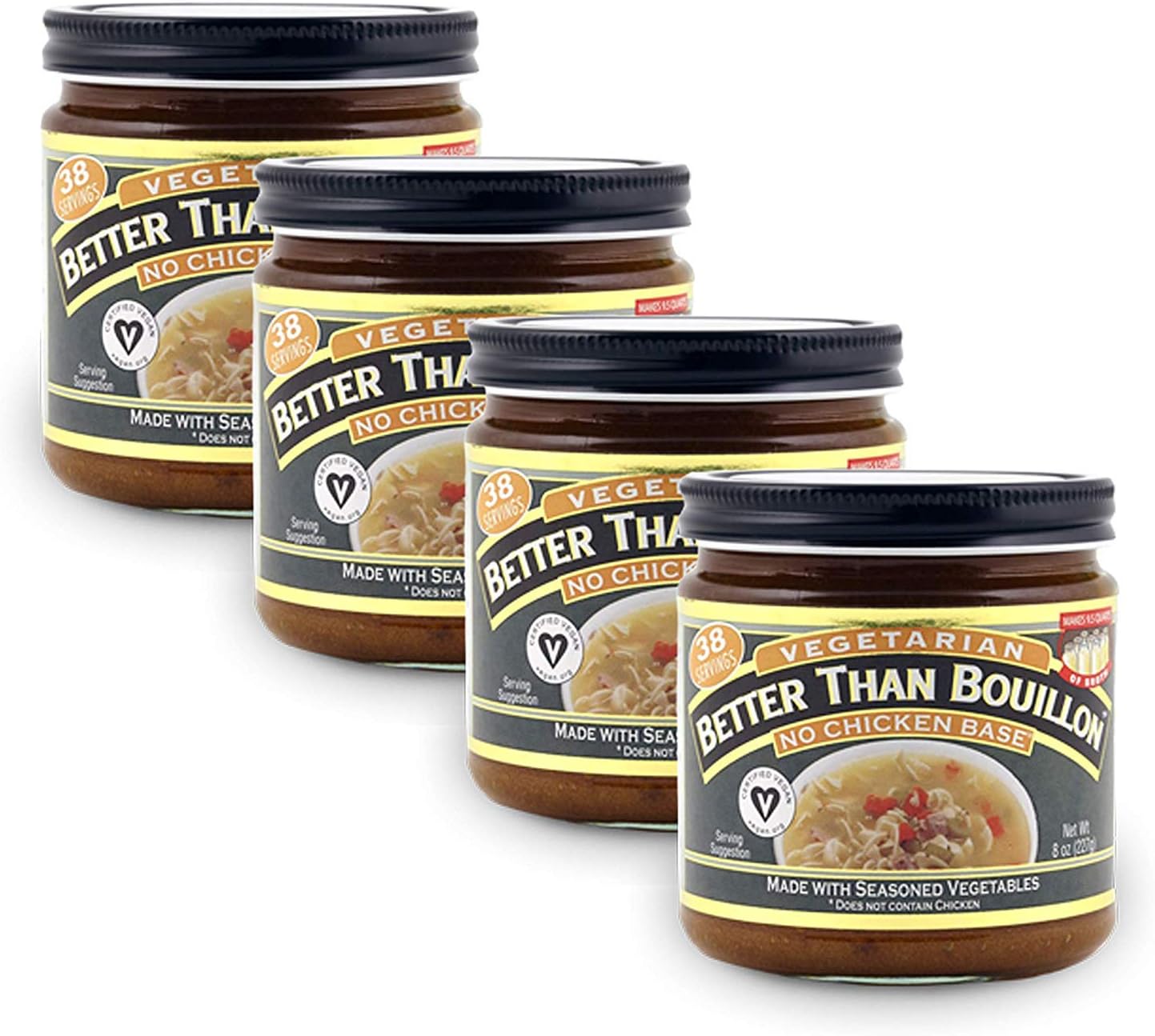 Better Than Bouillon Vegetarian No Chicken Base, Made with Seasoned Vegetables, Certified Vegan, Makes 9.5 Quarts of Broth, 38 Servings, 8 OZ Jar (Pack of 4)