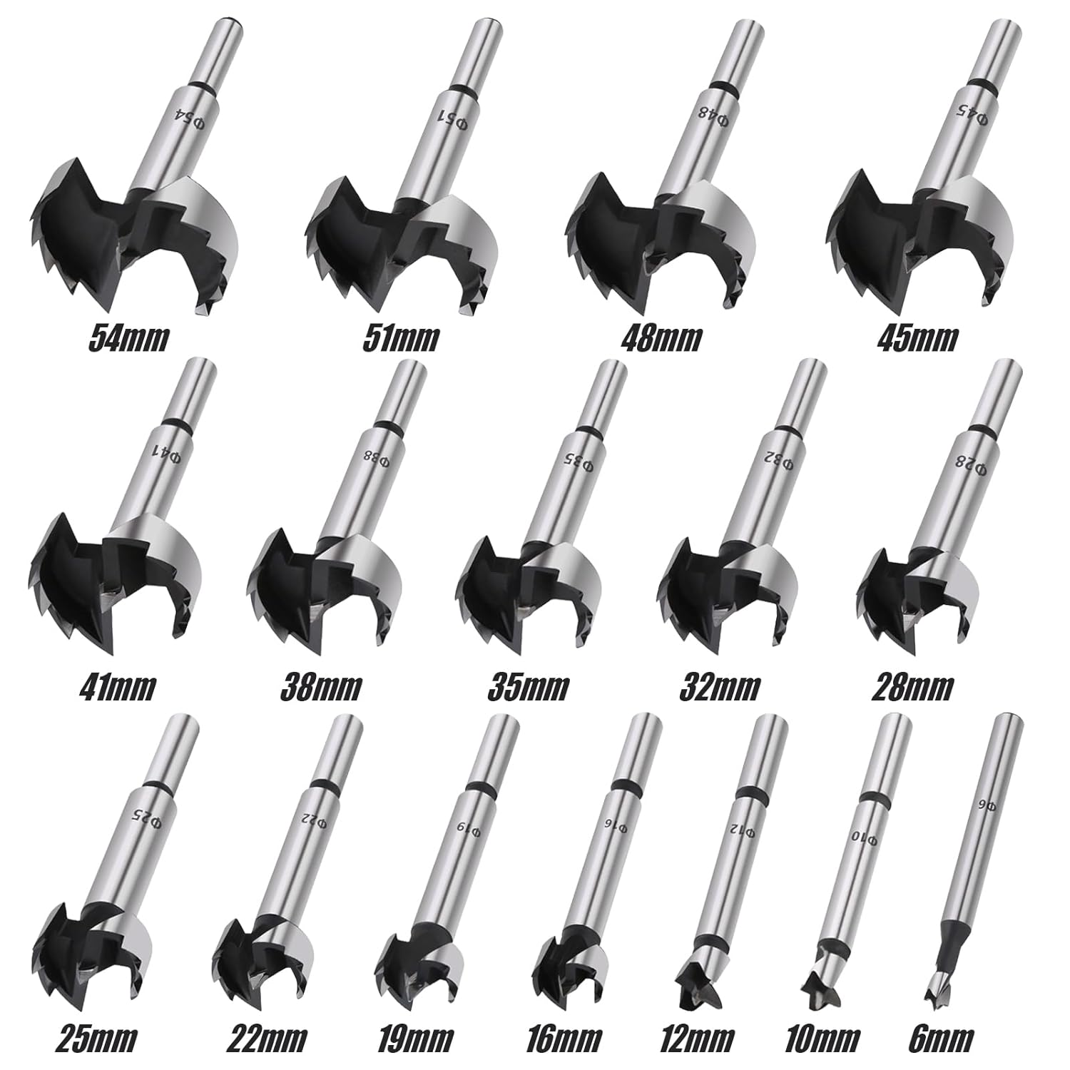 16PCS Forstner Drill Bit Set, 6-54mm High Carbon Steel Multi-Tooth Woodworking Tools with Round Shank, Hole Saw Cutter Hinge Boring Drill Bits for Solid Wood, MDF, Particleboard
