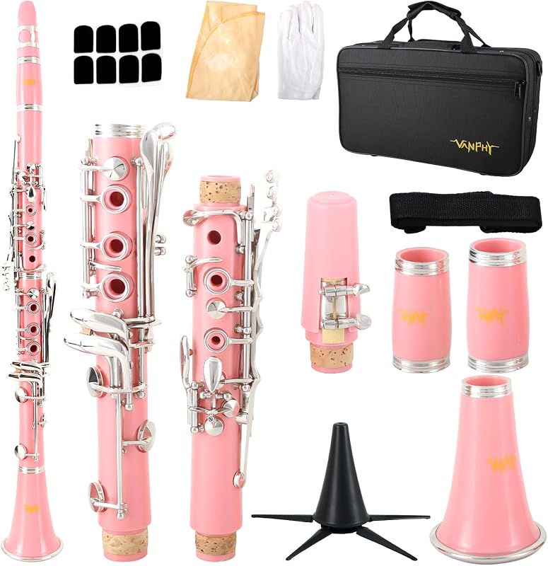 Bb Clarinet 17 Keys Flat B Clarinet for Beginners & Students Pink | with Case,Stand,Strap,2 Barrels,8 Mouthpiece Cushion and White Gloves