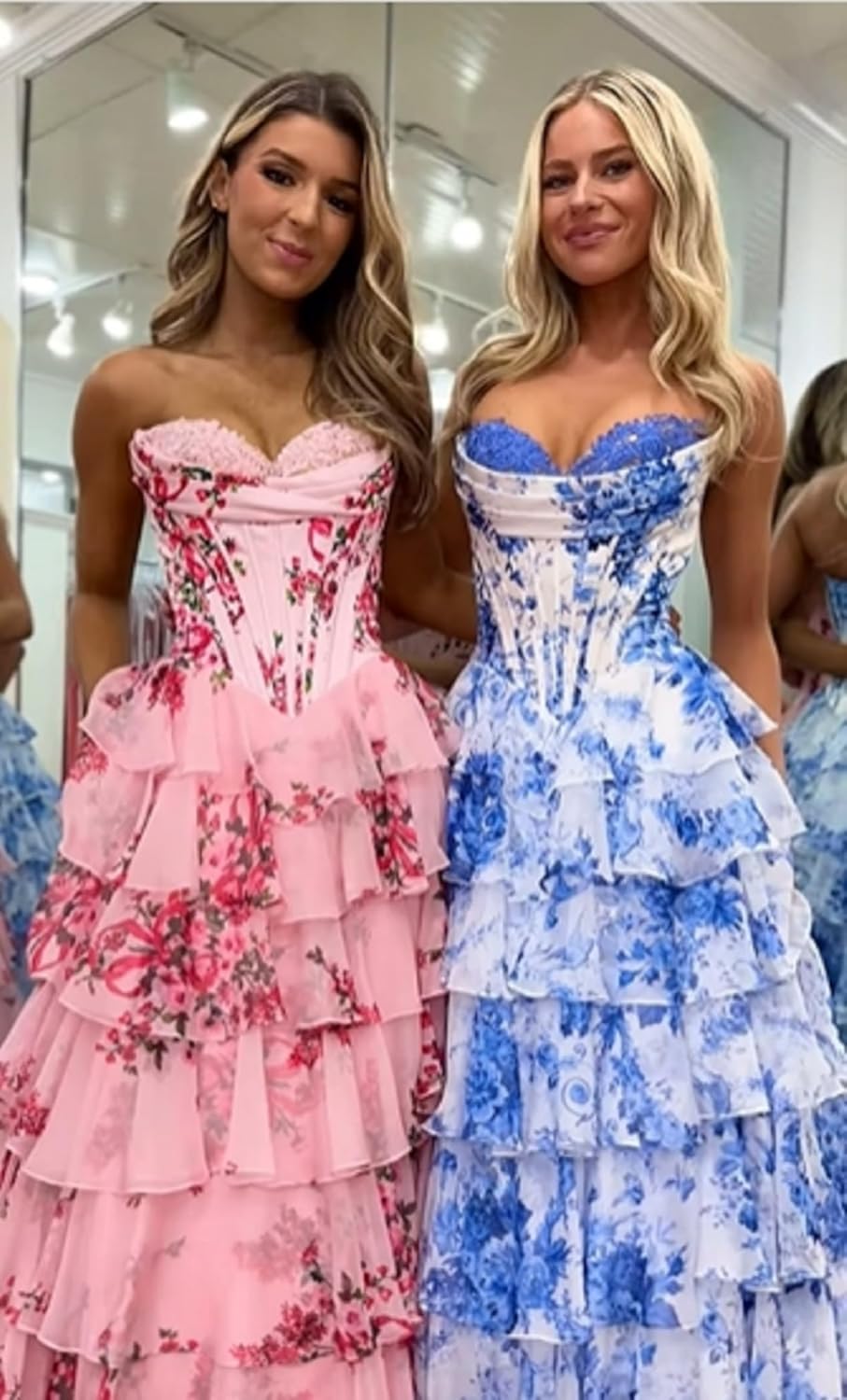 Floral Print Tiered Prom Dresses Long Ball Gown 2025 Strapless Tulle Lace Formal Evening Gowns with Slit