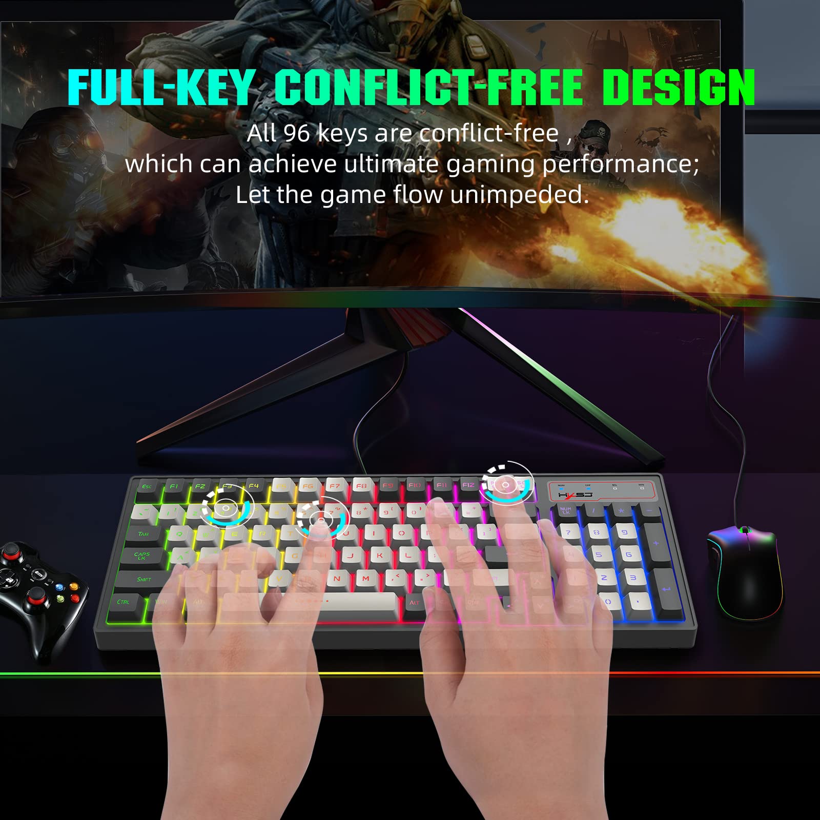 Przewodowa klawiatura do gier LED RGB Backlit, klawiatura z klawiszami skrótu, klawisze antyghostingowe, multimedialne, ergonomiczne, odłączane klawisze, 96 klawiszy, do komputera stacjonarnego i