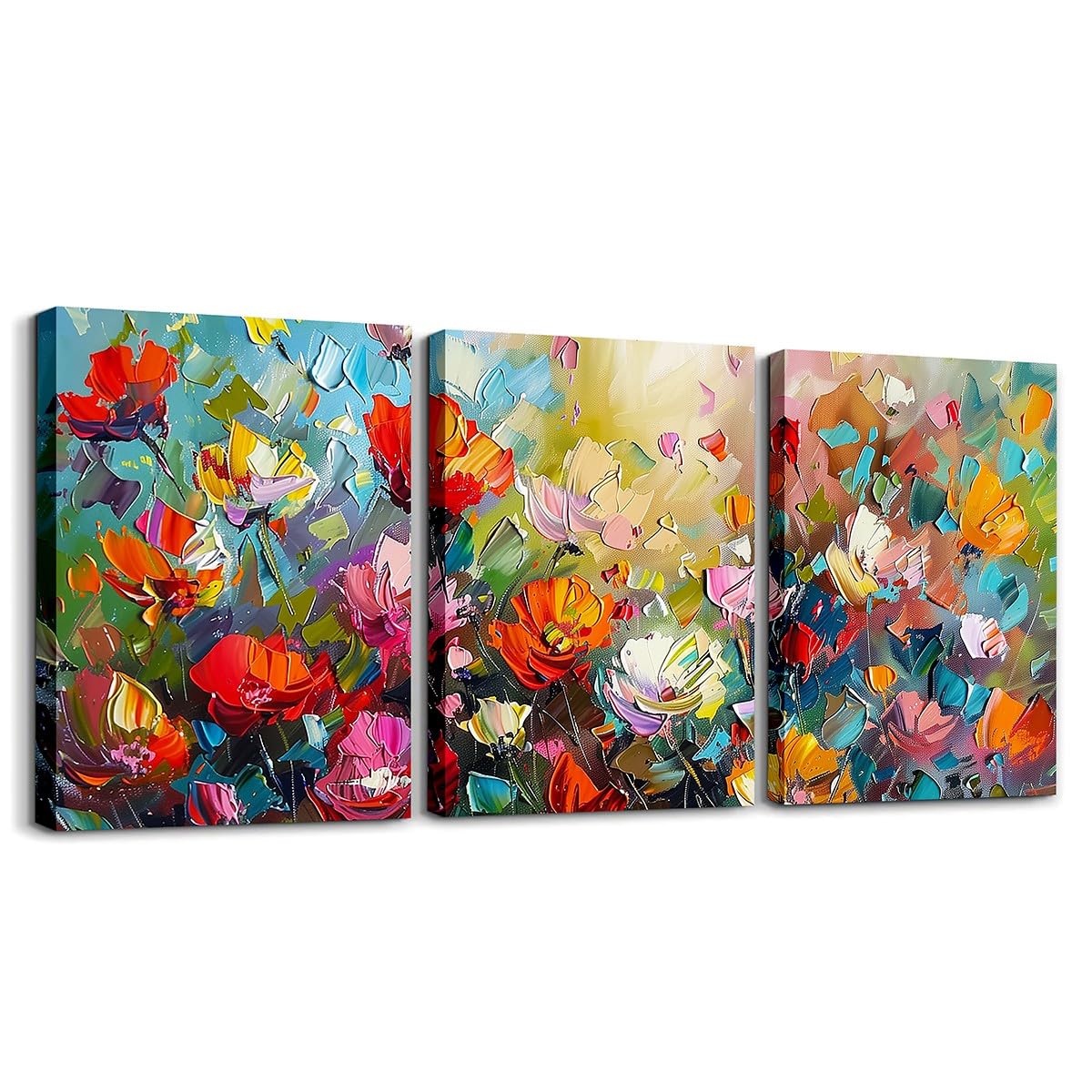 Homewish Floral Canvas Wall Art Set of 3 for Living Room Bedroom, Rustic Garden Flowers Paintings Wall Decor Rainbow Gradient Ombre Wall Art Red Rose Floral Print Poster Prints 30x40 cm Without Frame