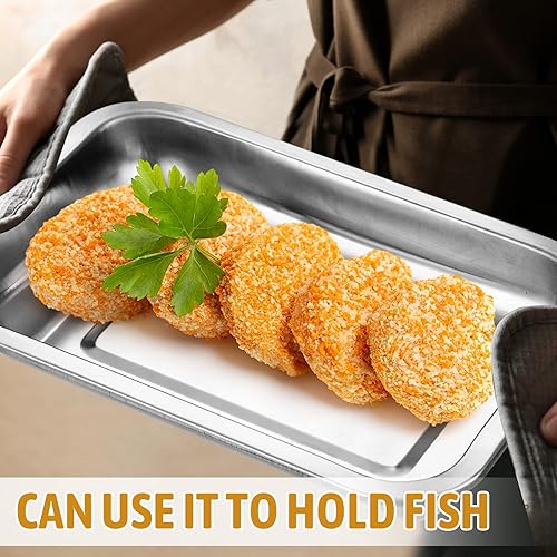 Miniatura 5 de Mumufy Juego de 3 bandejas de pan grandes de acero inoxidable con pinzas para dragar pechugas de pollo y marinar carne, bandejas de preparación de