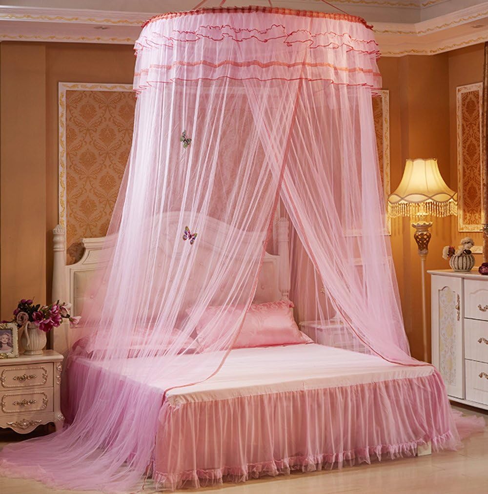 Hanging Dome Mosquito Net Luxury Lace Bed Canopy for Twin Full Queen Size Home Bedroom Party Decor (Pink)