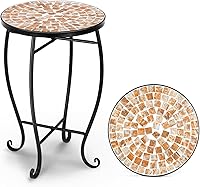 VINGLI Mosaic Outdoor Side Table 14" Round Accent End Table Plant Stand for Patio Porch Poolside Indoor Sofa Black Iron Frame