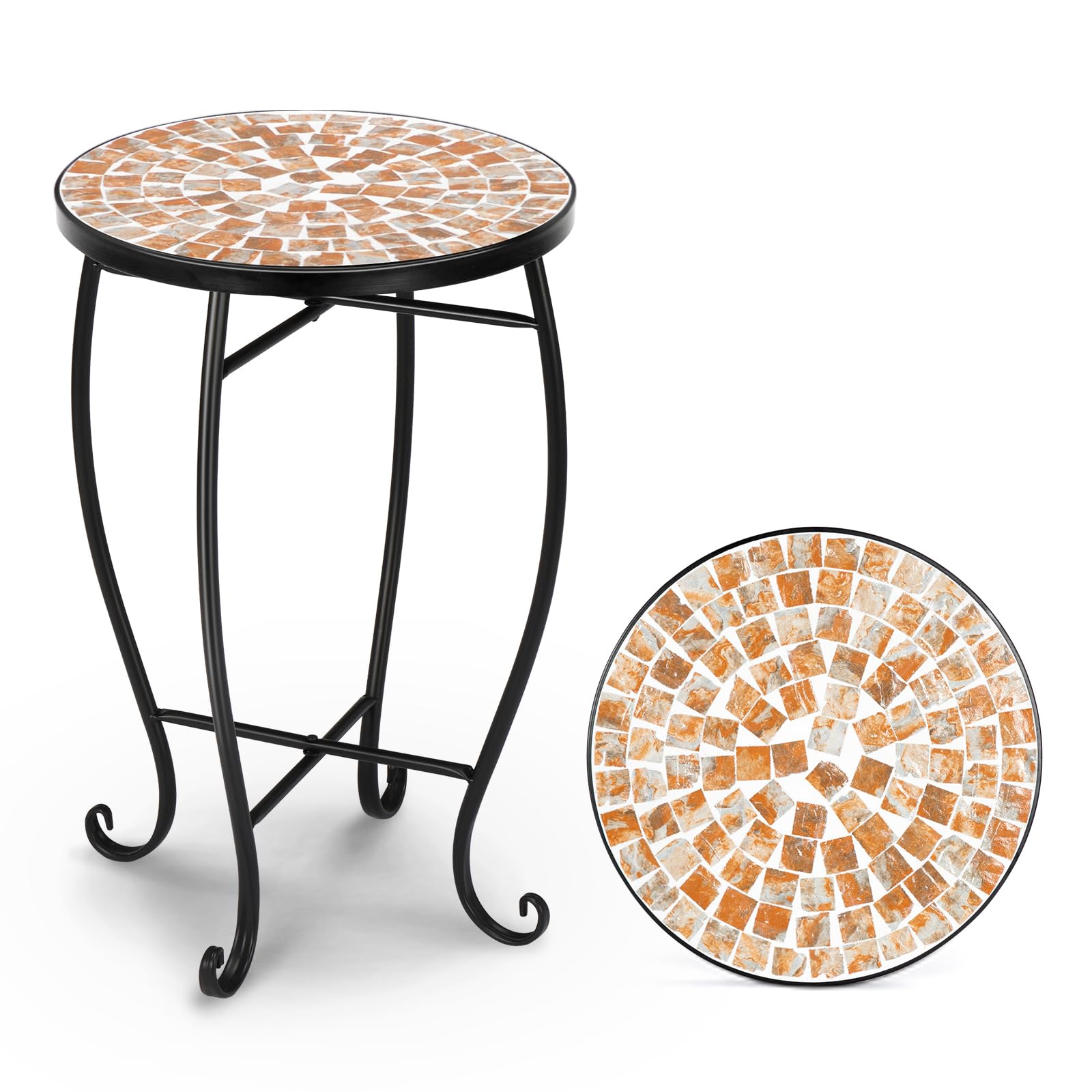 Bonnlo Mosaic Small Garden Table, Small Coffe Table with 35cm Ceramic Top, Round Plant Stand for Indoor/Outdoor, Terracotta Sun