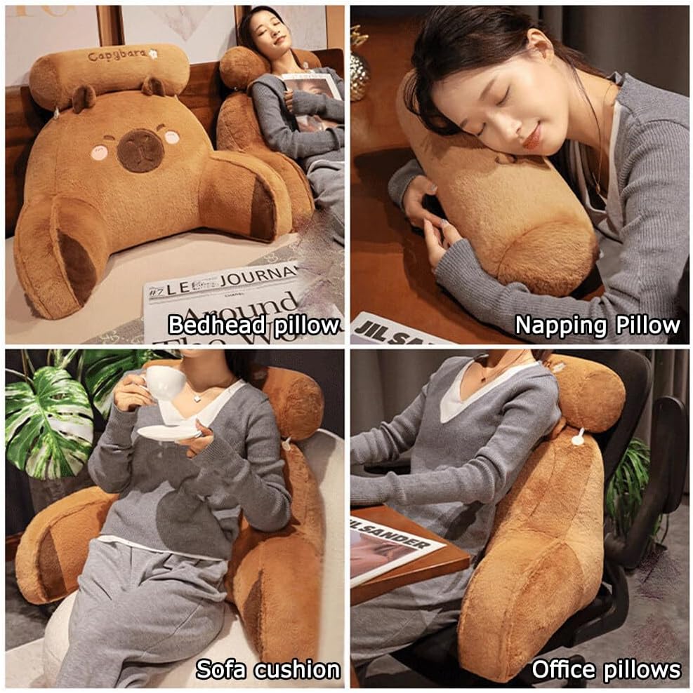 Cute Capy Reading Pillow Bed Rest Pillow Bed Wedge Backrest with Arms Back Support for Reading,Relaxing,Watching TV,Gaming(Capybara,27.6 * 19.7IN)