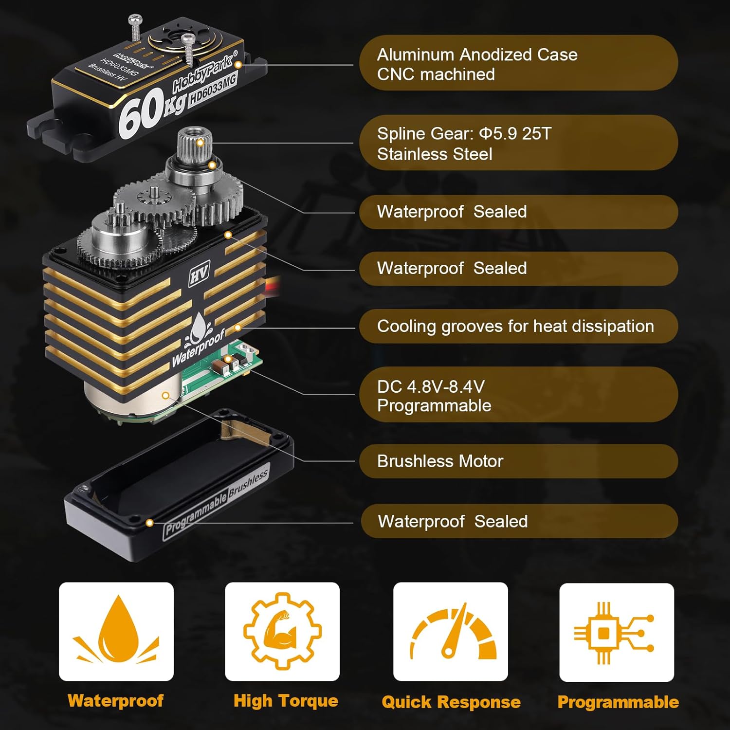 HobbyPark Waterproof RC Servo High Torque Brushless Motor Metal Gear Digital Servo Aluminum Case for 1/8 1/10 RC Crawler SCX10 TRX4 RC Truck Car Buggy RC Basher Control Angle 180° HV (60kg Torque)