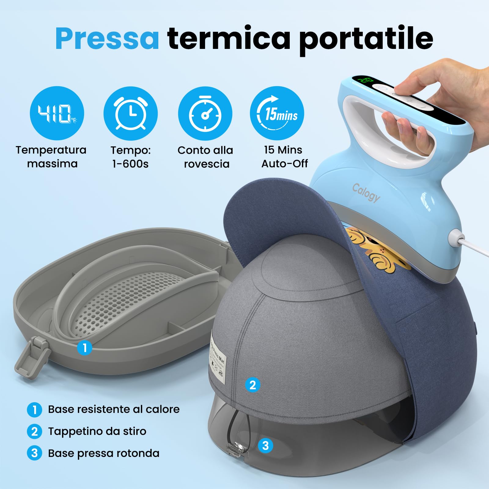 Calogy Mini Pressa a Caldo per Cappelli con Conto alla Rovescia, Temperatura Massima 210℃, Base Rotonda per Cappelli, Berretti, Snapback, Cappello da pescatore, Cappello da sole