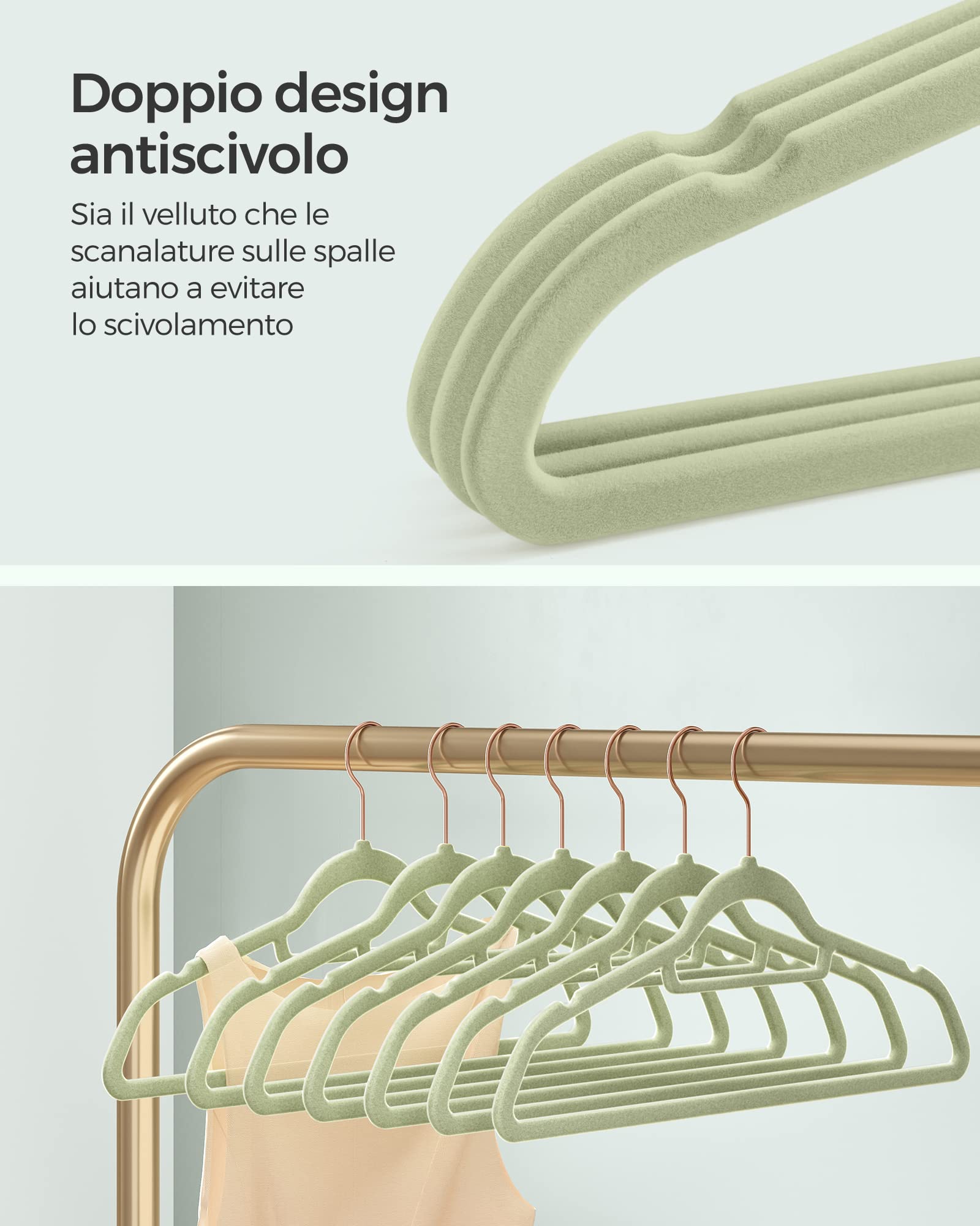 SONGMICS Grucce Appendiabiti in Velluto, 50 Pezzi, Salvaspazio e Antiscivolo, Porta Cravatte, Gancio Girevole a 360°, Spesso 0,6 cm, Largo 43,5 cm, Cappotti Pantaloni, Verde Lime CRF021GR50