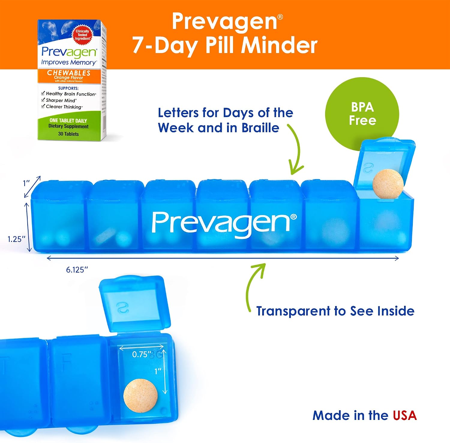 Prevagen Improves Memory - Regular Strength 10mg, 30 Chewables |Orange| with Apoaequorin & Vitamin D & Prevagen 7-Day Pill Minder | Brain Supplement for Better Brain Health