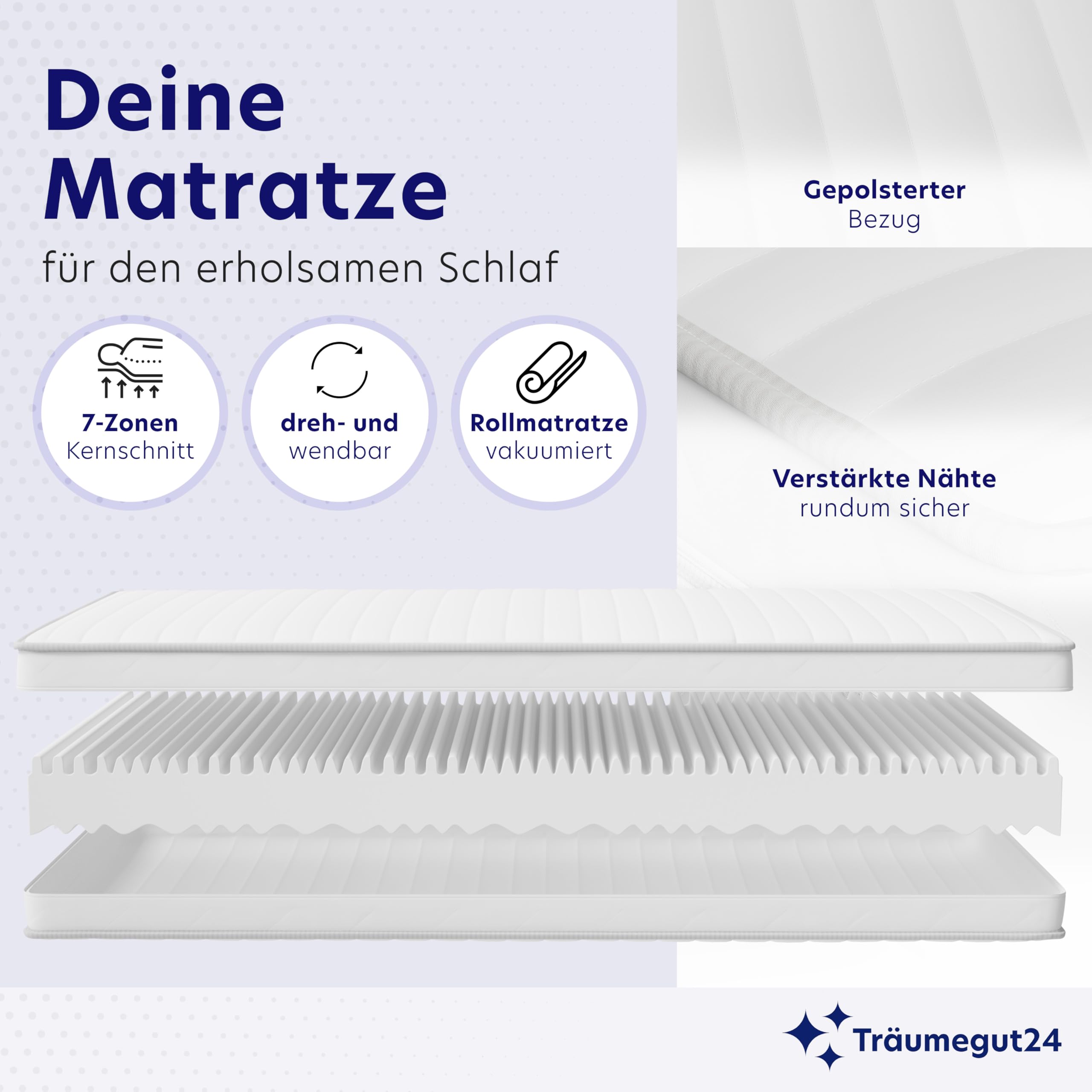 Träumegut24 AquaFlex 7-Zonen Matratze 90x200 cm | H2&H3 | Ergonomische Kaltschaummatratze | Hypoallergen & Antibakteriell | Bezug abnehmbar & waschbar | Oeko-TEX® (90 x 200 cm, H2&H3, 12 cm)