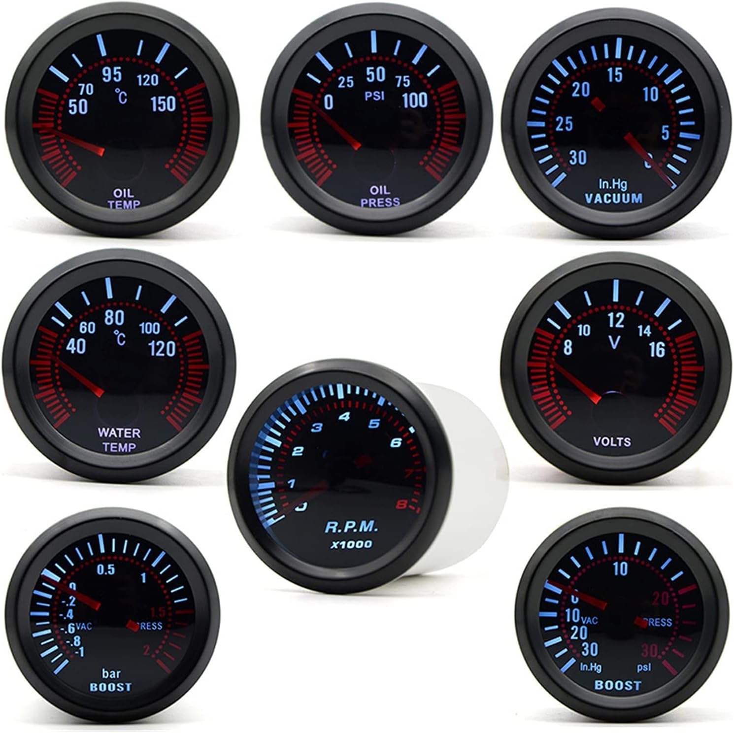 2 52mm Soczewka Dymna Wskaźnik Doładowania Bar Psi Podciśnienie Temperatura Wody Temperatura Oleju Ciśnienie Oleju Woltomierz Obrotomierz Rpm Wskaźnik Samochodowy + Podkł, Tachometer