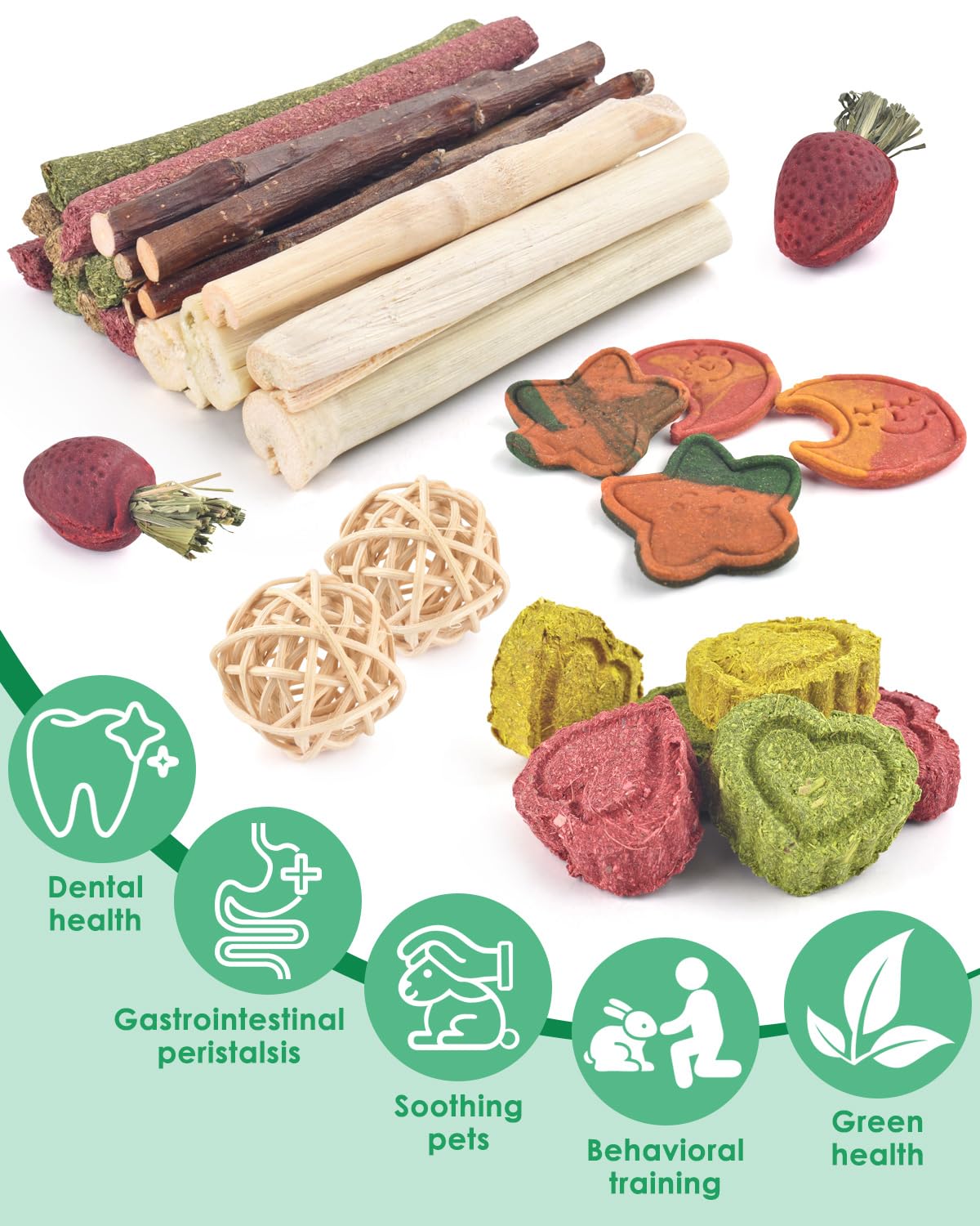 ERKOON 33PCS Bunny Chew Toys for Rabbits Teeth, Natural Rabbit Toys Apple Wood Sticks, Carrot, Timothy Grass Toys for Small Pets, Hamster, Chinchilla, Guinea Pig Dental Care and Treat Teething Toys