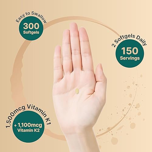 Miniatura 4 de NatureBell Complejo de vitamina K, K1 + K2 (MK-7 y MK-4) 2,600 mcg por porción, 300 cápsulas blandas de aceite de coco Absorción máxima -