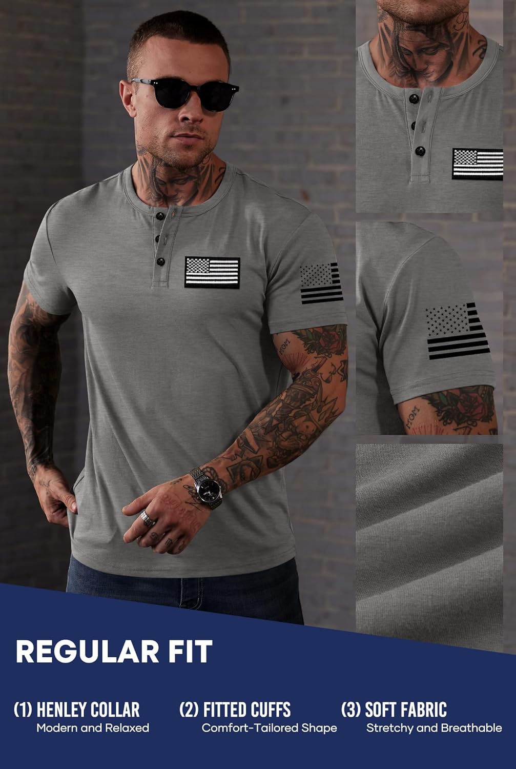 Men's Patriotic Henley Shirts Muscle Distressed American Flag 1776 Vintage T-Shirts (S-3XL)