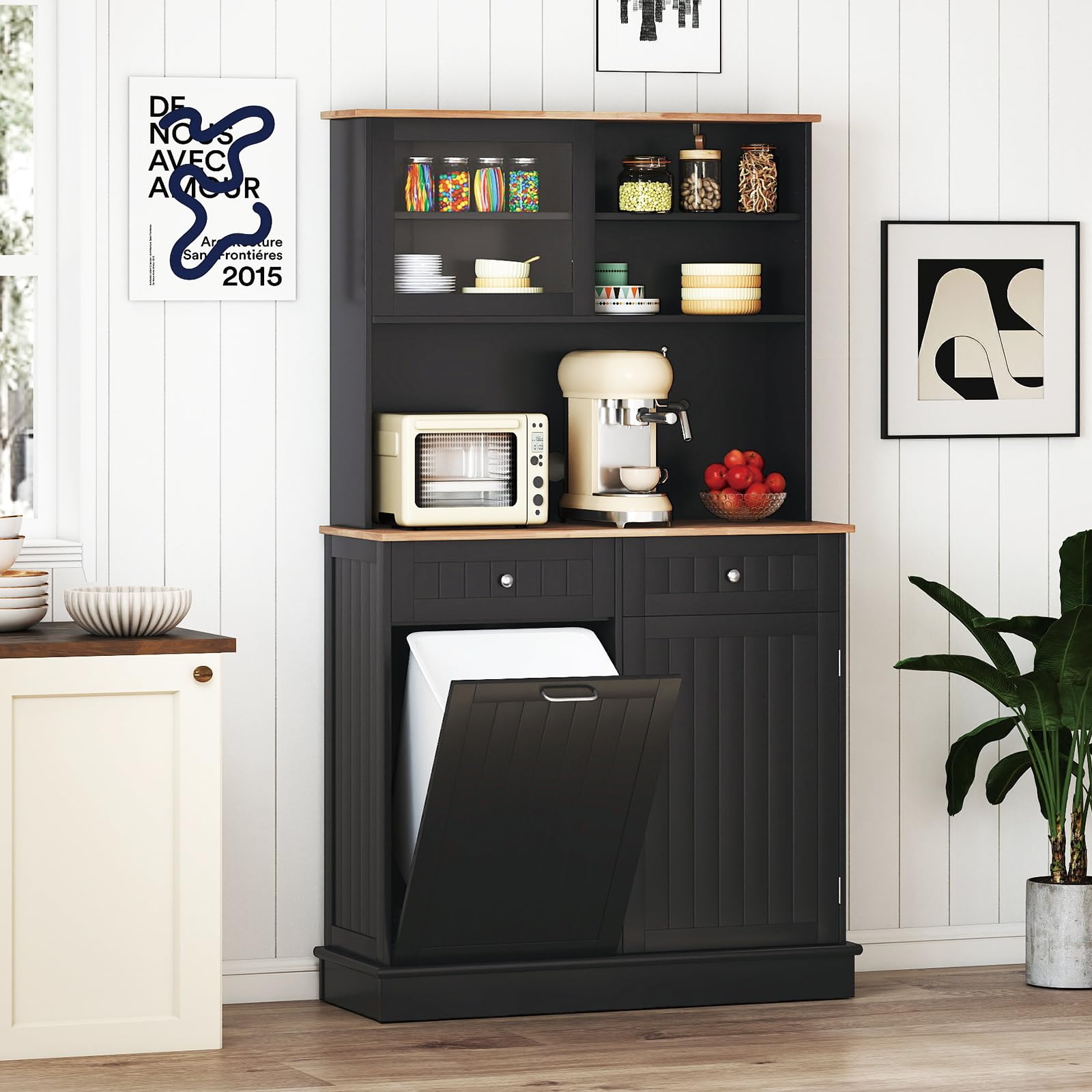 COSTWAY Küchenschrank, für 45 L Mülleimer, Buffetschrank mit Arbeitsplatte & 2 Schubladen & verstellbaren Einlegeböden, Hochschrank Küche für Mikrowelle, Kommode Holz, 100 x 34 x 172 cm (Schwarz)