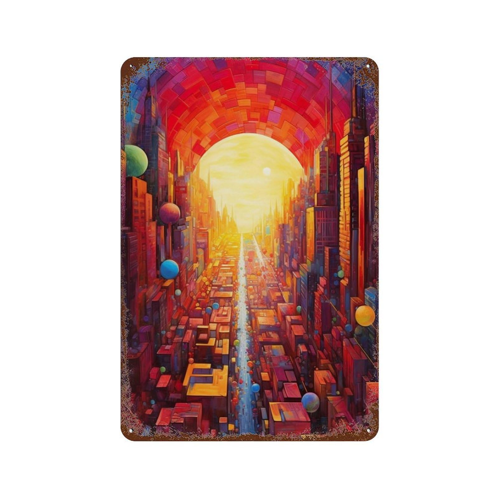 Distressed Metal Wall Sign Fantasy Cityscape with Balloons 11.8"x7.9", Old School Wall Decor for Bistro, Counter And Cafe Decor