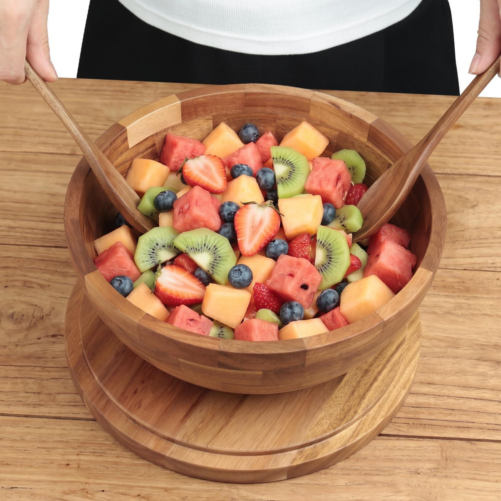 Cuenco Redondo de Madera de Acacia, Ideal como Ensaladera,Ø 26.5 cm | Cuenco para Mezclar, Frutero o Cuenco para Pan, Utensilios de Cocina, Perfecto para Cocina, Picnic y Fiesta