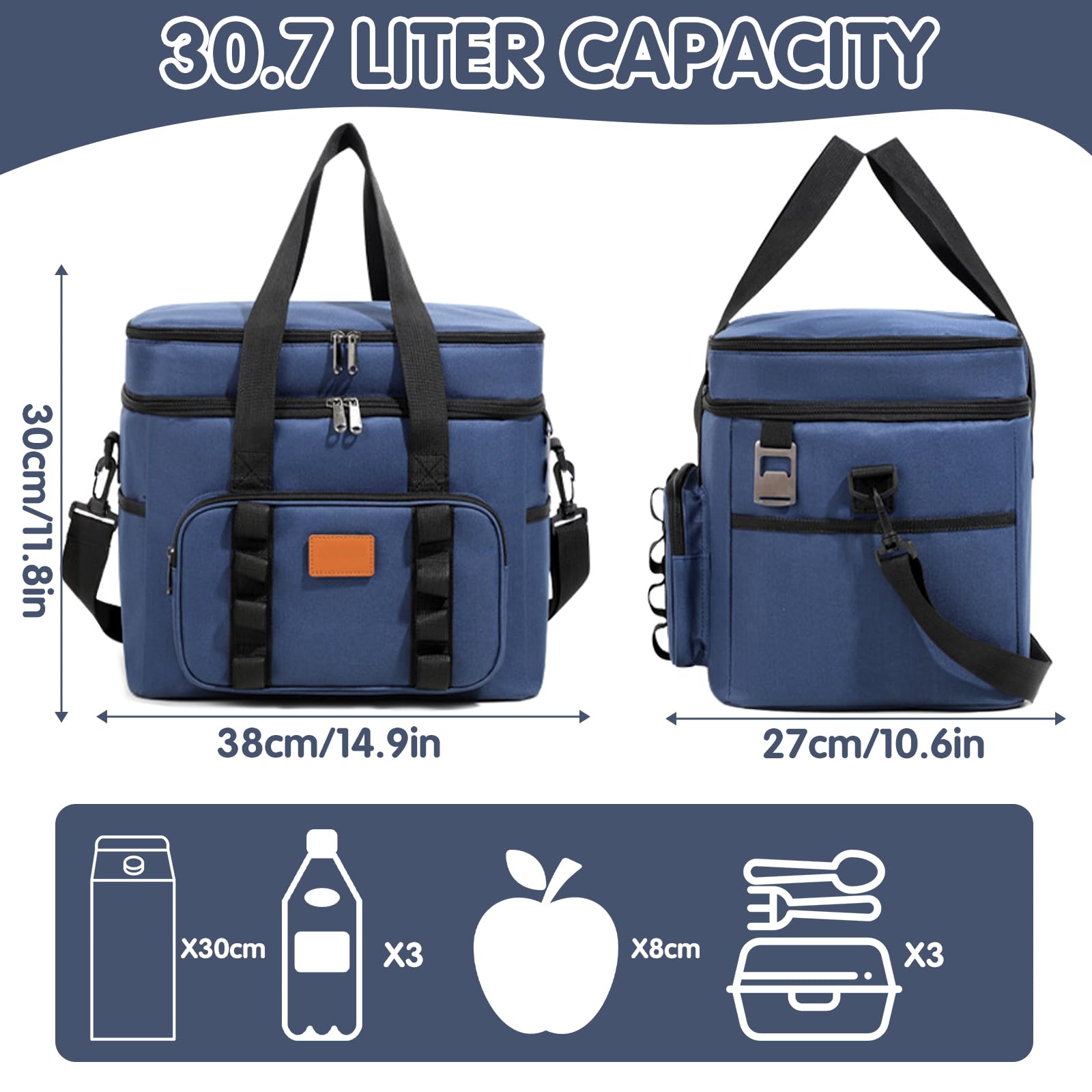 Borsa Termica Porta Pranzo 30.7L Grande con Tracolla Regolabile e Tasche Multiple per Picnic Campeggio Ufficio