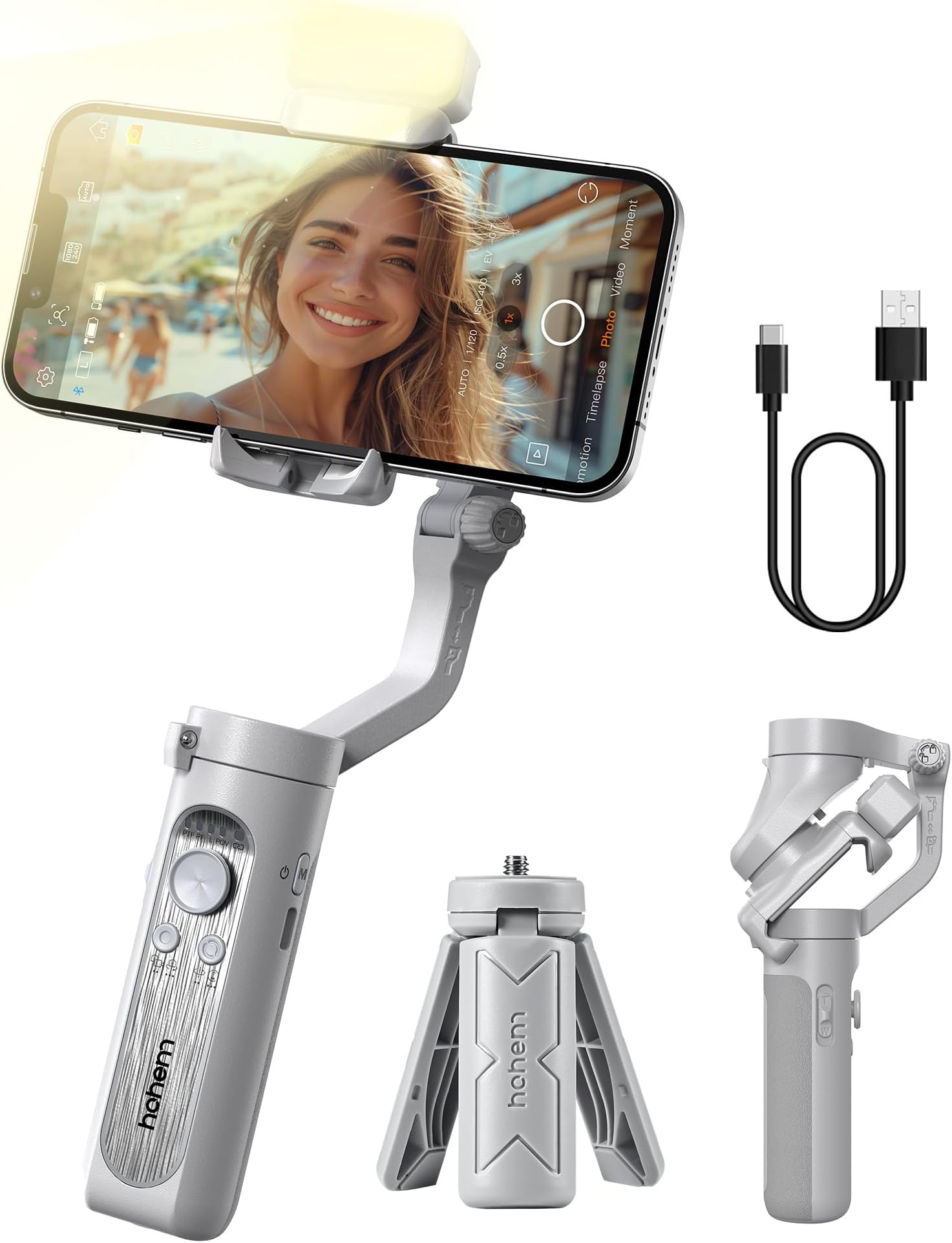 hohemiSteady XE Kit Gimbal Stabilizer for Smartphone,3-Axis Phone Gimbal,Magnetic Fill light, Portable and Foldable Stabilizer for iPhone&Android,Vlog Stabilizer for Video Recording,Max Payload 280g