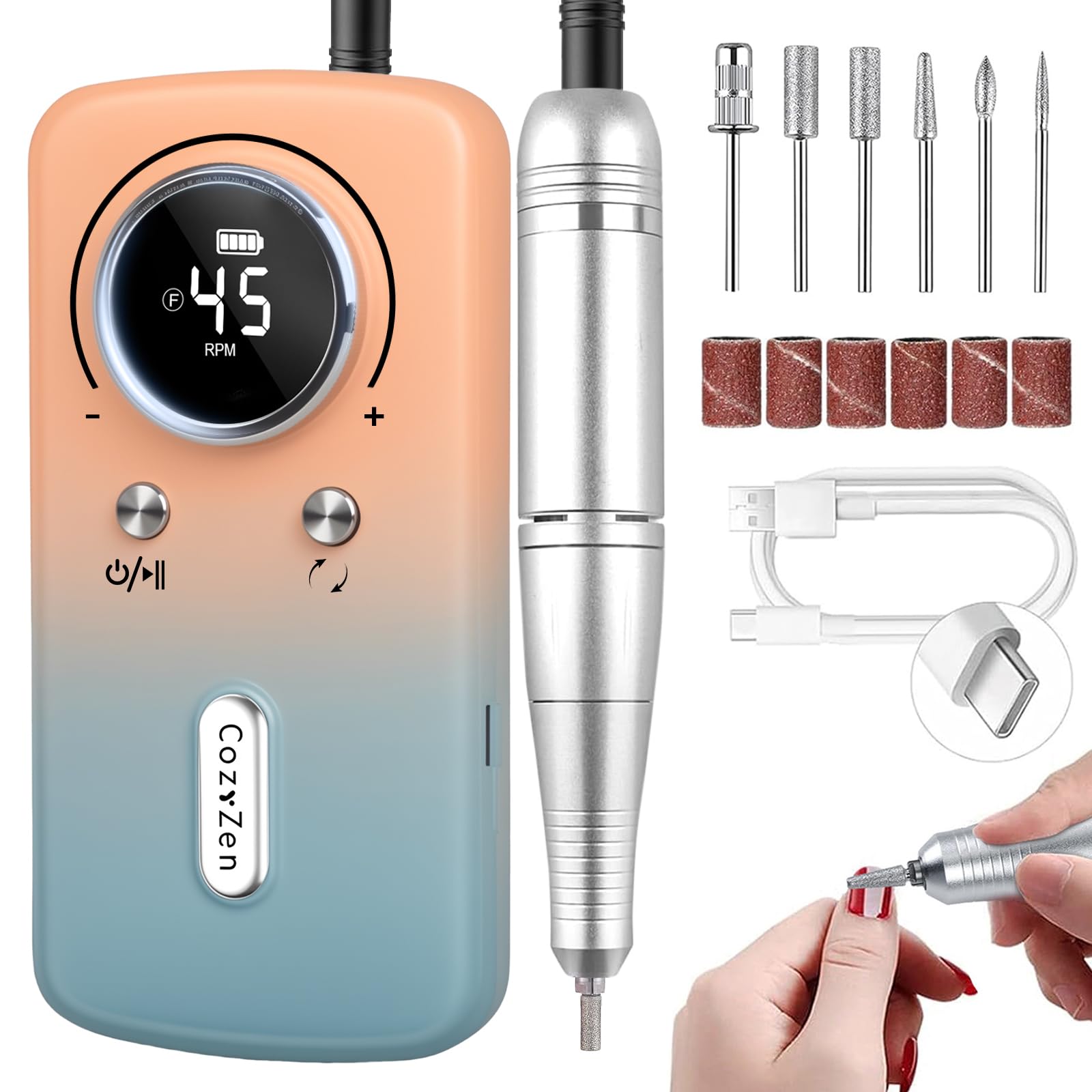 CozyZen Trapano per unghie senza fili professionale: 45000 giri/min, kit di lima elettrica ricaricabile per unghie, portatile e a basso rumore, per unghie acriliche, gel, manicure e pedicure, salone e