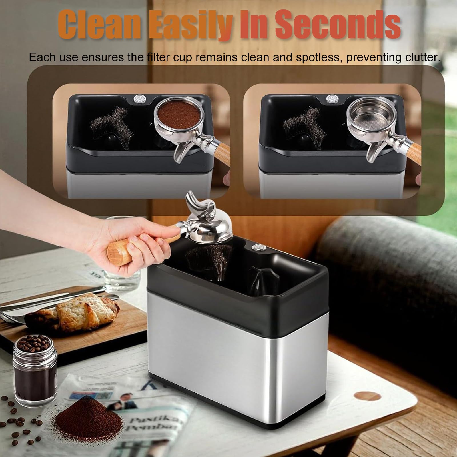 Limpiador de posos de café, limpiador de portafiltro espresso, acero inoxidable, compatible con caja de grifo automática de 58 mm, a prueba de residuos, fácil limpieza para posos de café