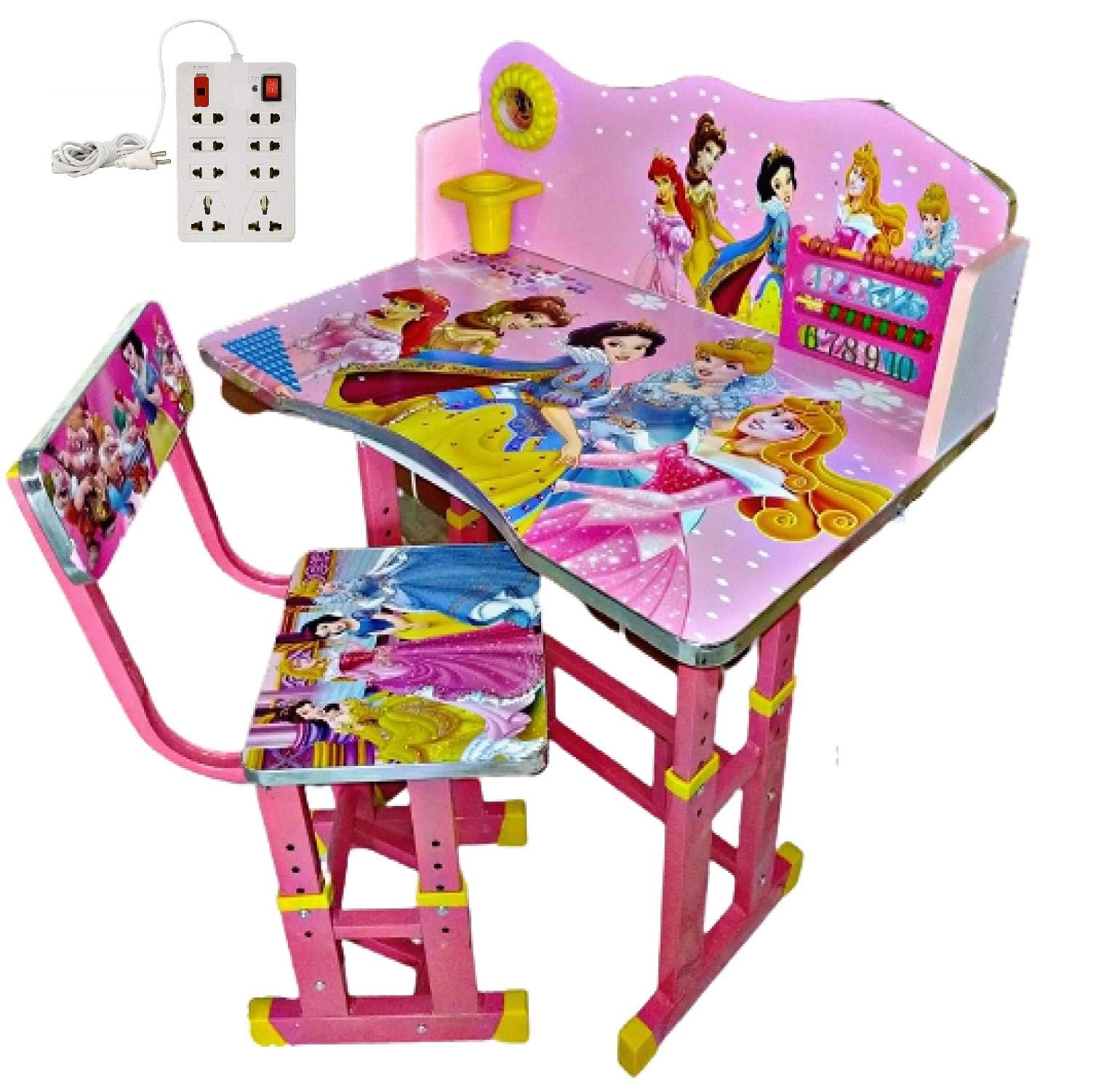Toby Premium Baby Desk Kids Study Table Chair with 8+1 Socket Extension Board. (p1)(Pink) | Multifunctional Kids Desk Age Between 2-11 | Printed Children's Writing Desk