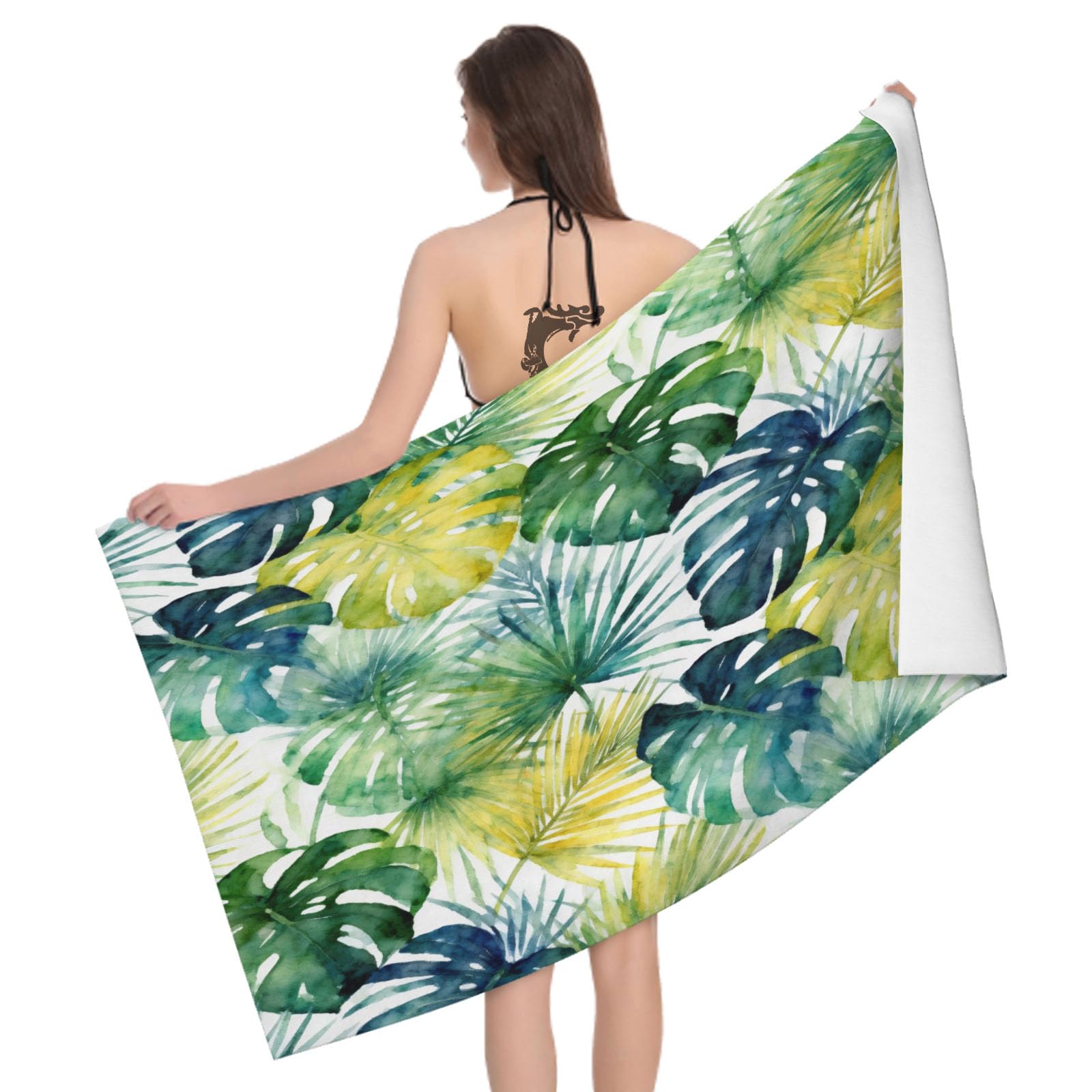 Leichong 3D Tropical Leaves Beach Towel Large Microfiber Soft Quick Dry for Adults, Watercolor Plants Bath Towel Lightweight Soft Absorbent for Travel Swimming Pool Sports, 180 x 90 cm