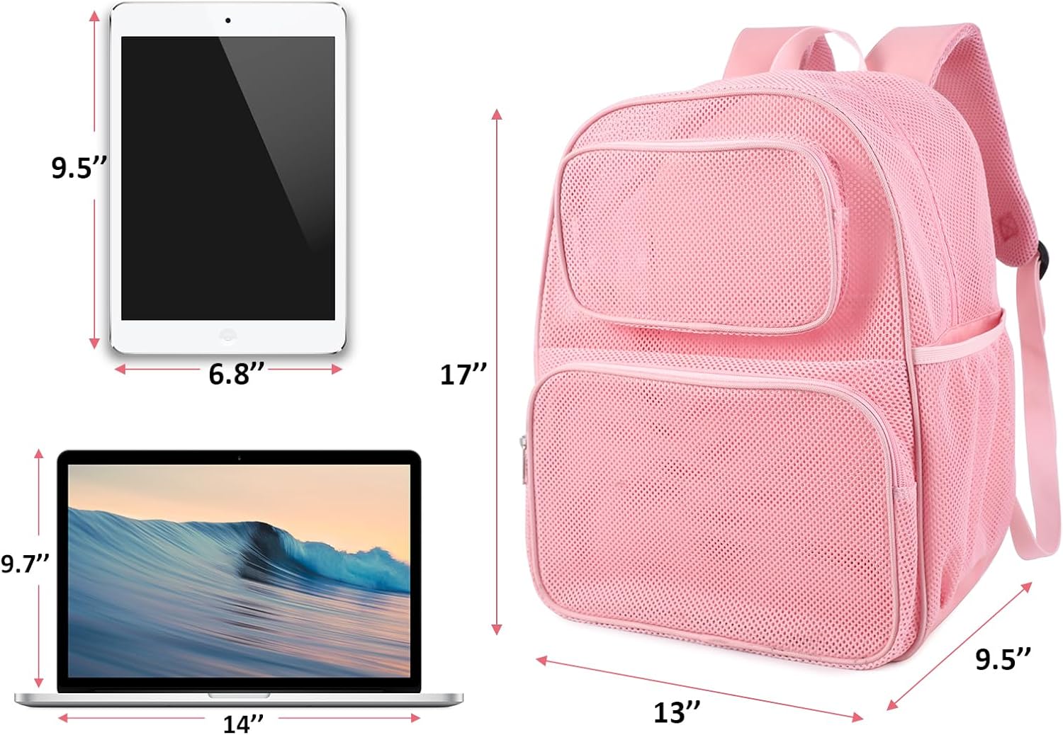 COVAX Large Mesh Bookbag, Semi-transparent College Backpack, See Through Mesh Backpack with Bungee and Comfort Padded Straps for Travel, Swimming, Beach, Outdoor Sports (Pink)